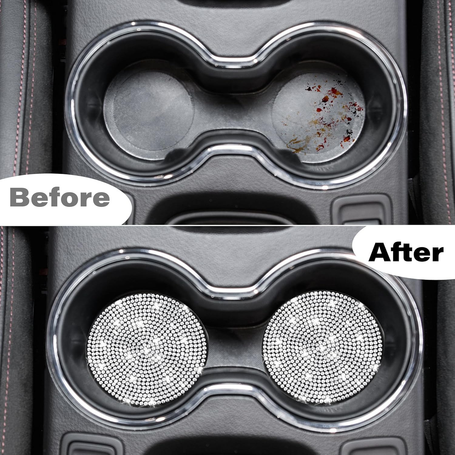 BFXM 2 PCS Bling Cup Holder Coaster, Car Accessories for Women 2.75 inch Diamond Universal Non-Slip Silicone Cup Holder Coasters, Sparkly Bling (White)