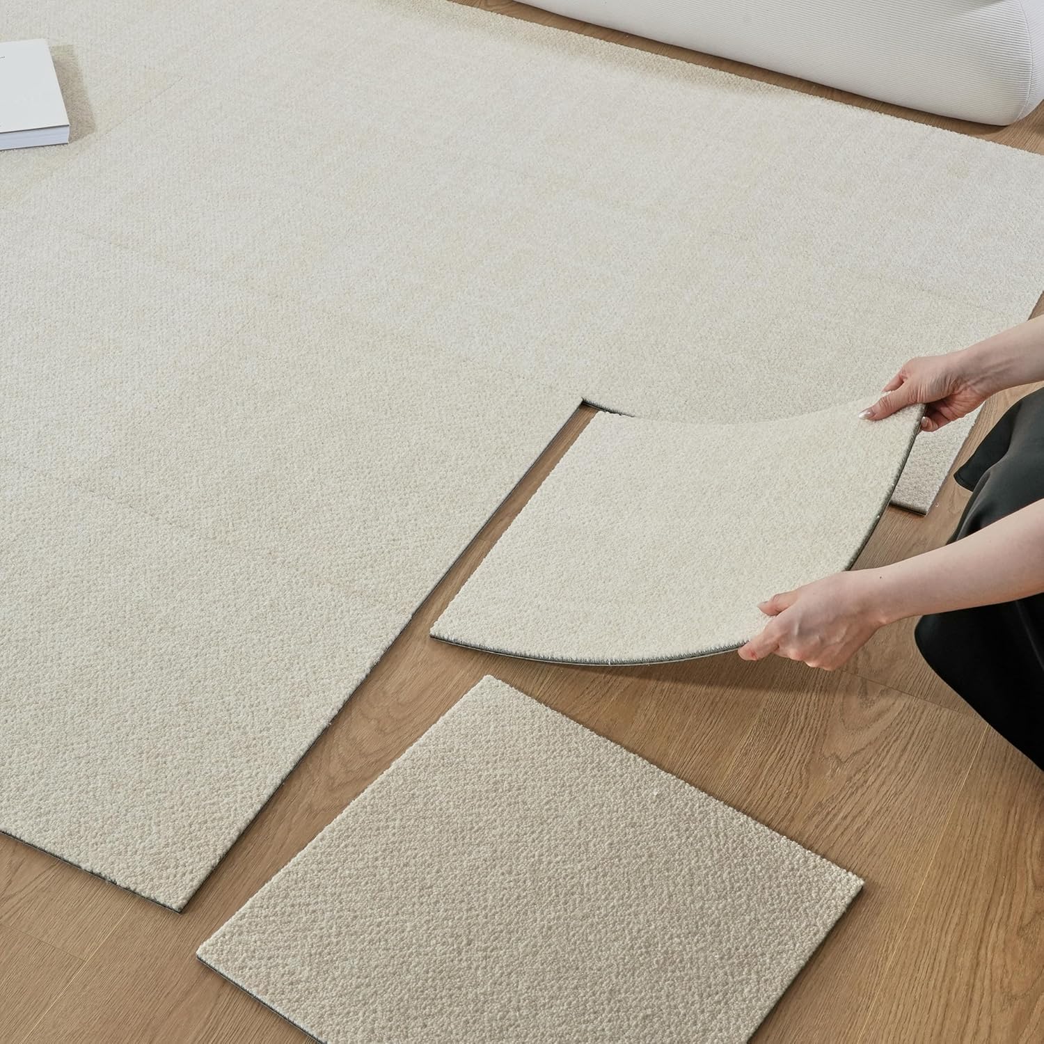 Carpet Tiles Peel and Stick, Squares Anti-Slip Carpet Floor Tile 12 Pcs 15.75'' x 15.75'', 0.38'' Thick, Reusable Waterproof Carpets for Living Room Bedroom 1.1-Beige