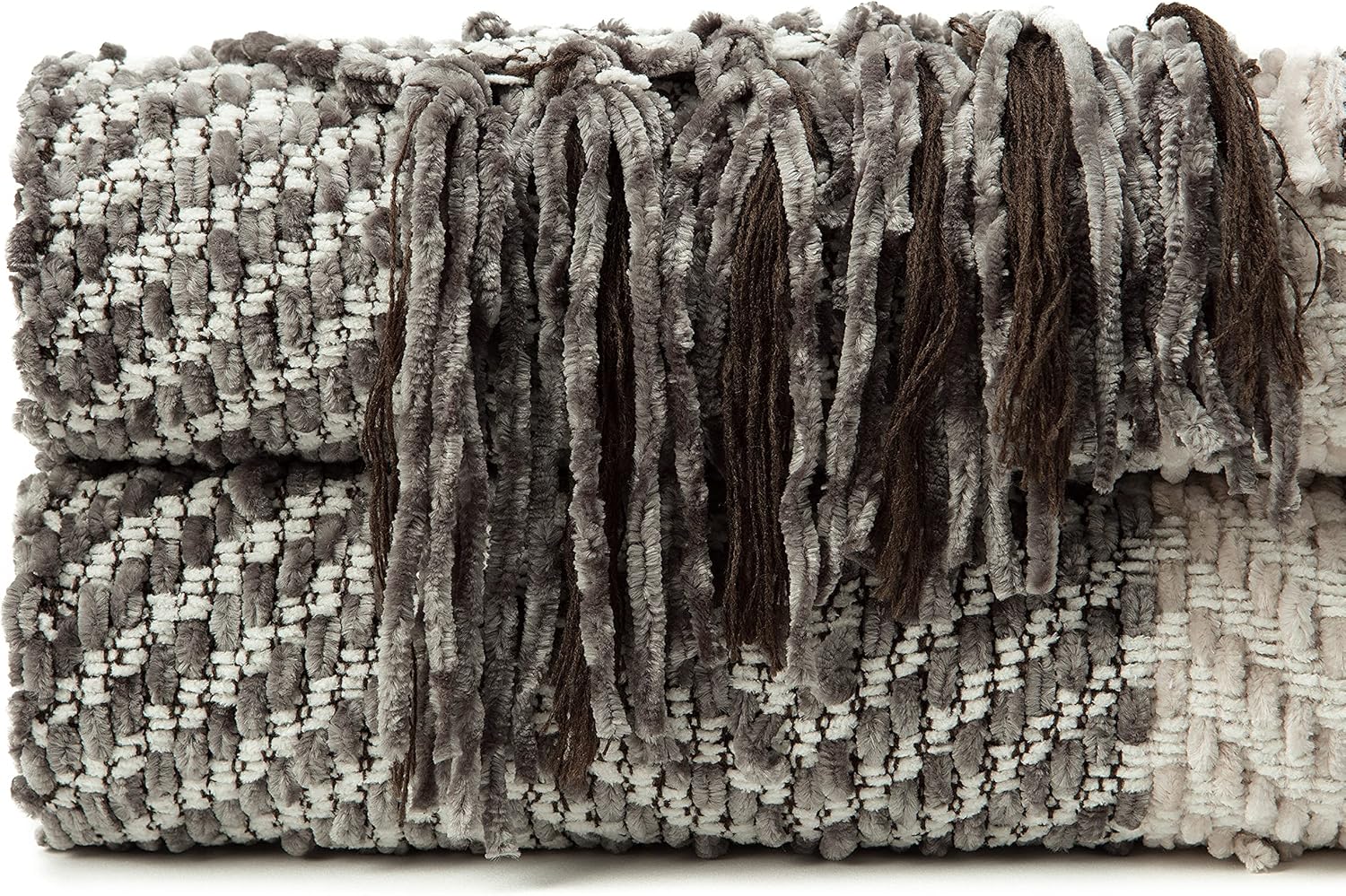 Taupe and Cream Knitted Chenille Throw Blanket with Fringe