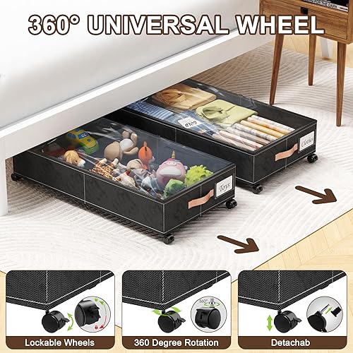 Miniatura 4 de Almacenamiento debajo de la cama con ruedas, paquete de 2 contenedores de almacenamiento debajo de la cama con tapas transparentes, XXL 65L debajo