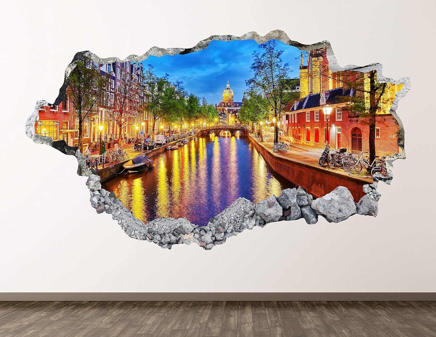 Amsterdam City Wall Decal Art Decor 3D Smashed Photography Sticker Poster Kids Room Mural Custom Gift BL493 (30"W x 18"H)