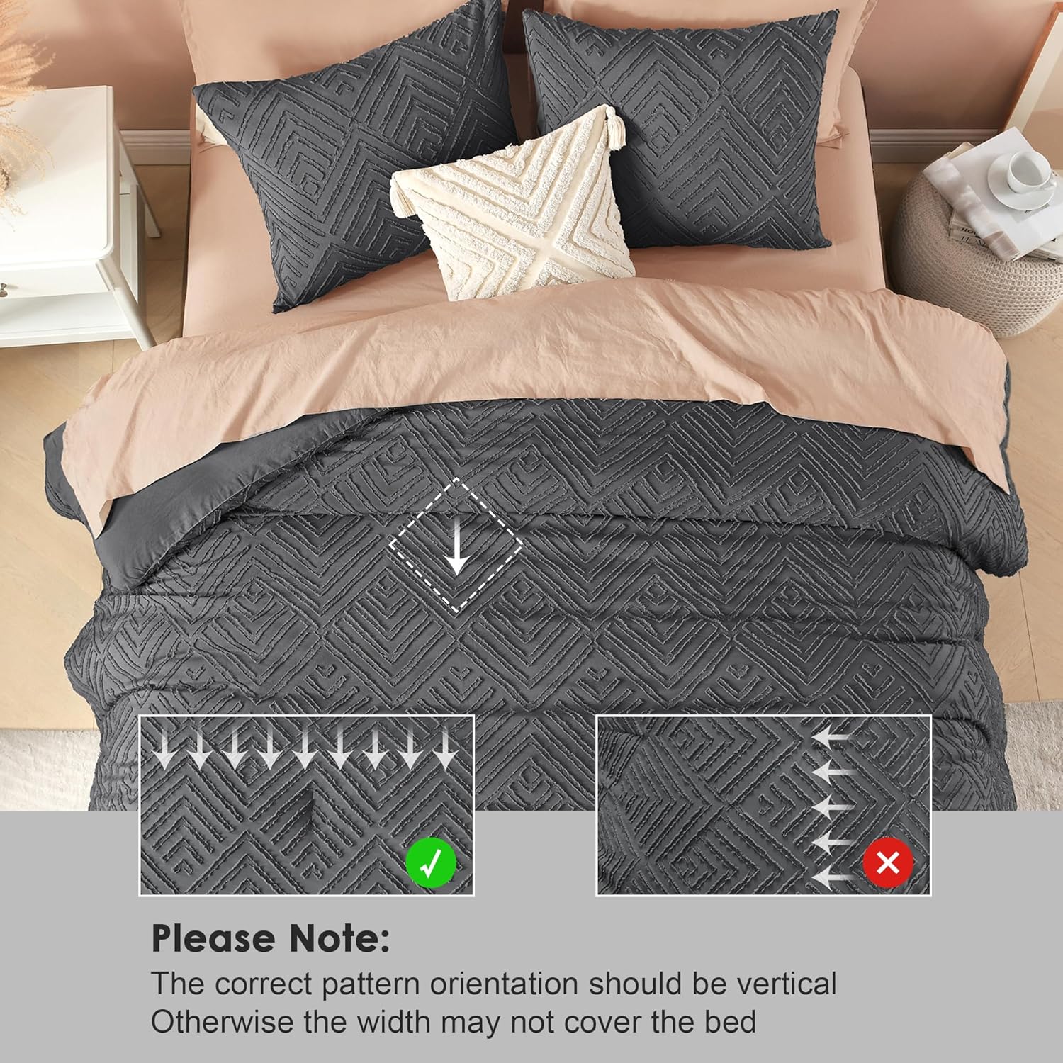 Litanika Dark Grey King Size Comforter Set, 3 Pieces Tufted Boho Farmhouse Bedding Comforter Sets, Lightweight Fluffy Comforter Bed Set for All Season (104x90In Comforter and 2 Pillowcases) - Image 4