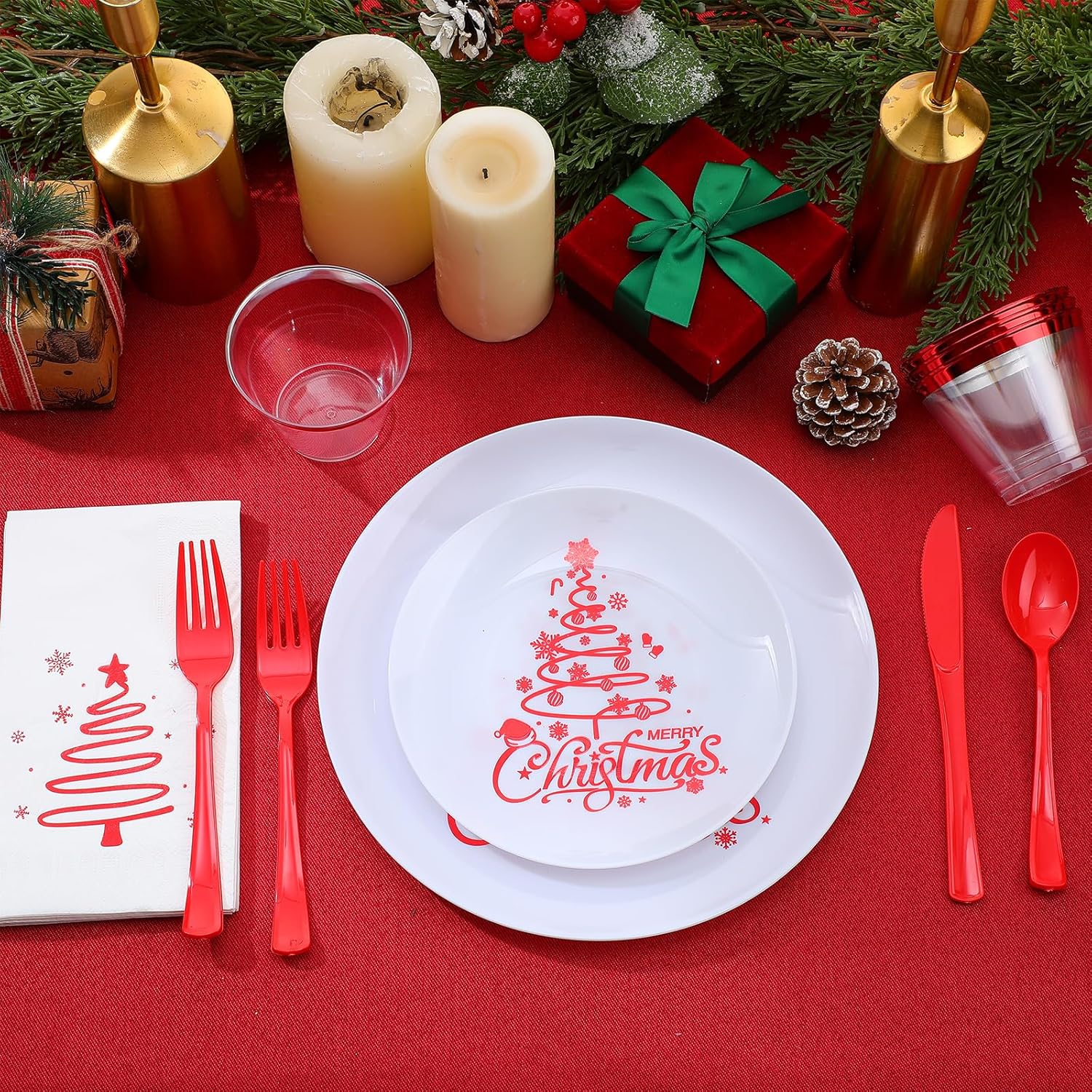 Shellwei Christmas Plastic Dinnerware Set, Xmas Disposable Plates Includes 40 Dinner Plates 40 Cup 40 Dessert Plate 40 Paper Napkins 40 Forks Knives Spoons Supplies for Christmas(Red White,Xmas Tree)