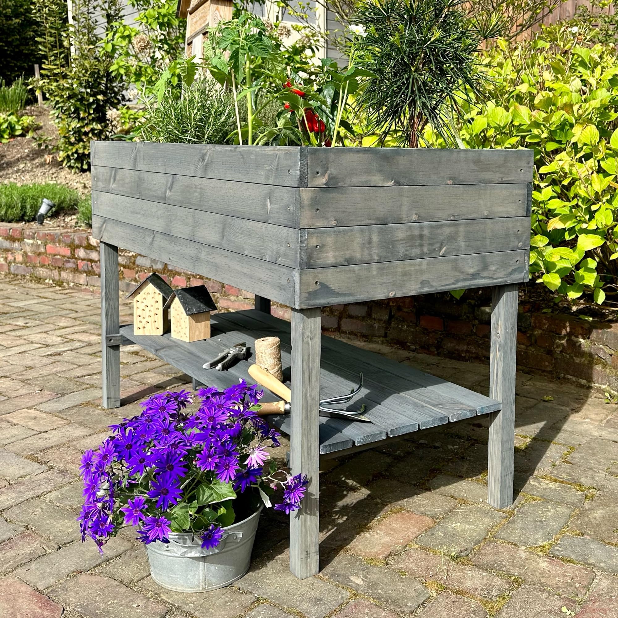 gartenetage Hochbeet XXL mit Ablage und Pflanzfolie - Nachhaltiges Design, Wetterfest, Rückenschonend, Praktische Ablage, Inklusive Pflanzfolie, Anthrazit