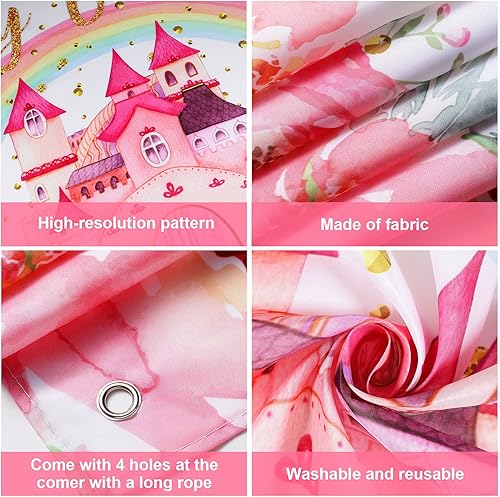 Miniatura 3 de Tegeme Telón de fondo de princesa para fiesta de cumpleaños de castillo real, fondo de fotografía de arco iris y flores para decoración de