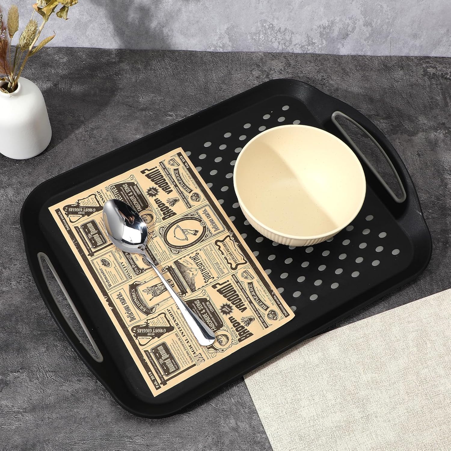 Large Nonslip Serving Tray with Handles, Silicone Grippy Dots Lap Food Trays for Eating, Dishwasher Safe Serve for Breakfast Dinner Snack Fruit Appetizers Beverage, Rectangular, Set of 2, Black - Image 3
