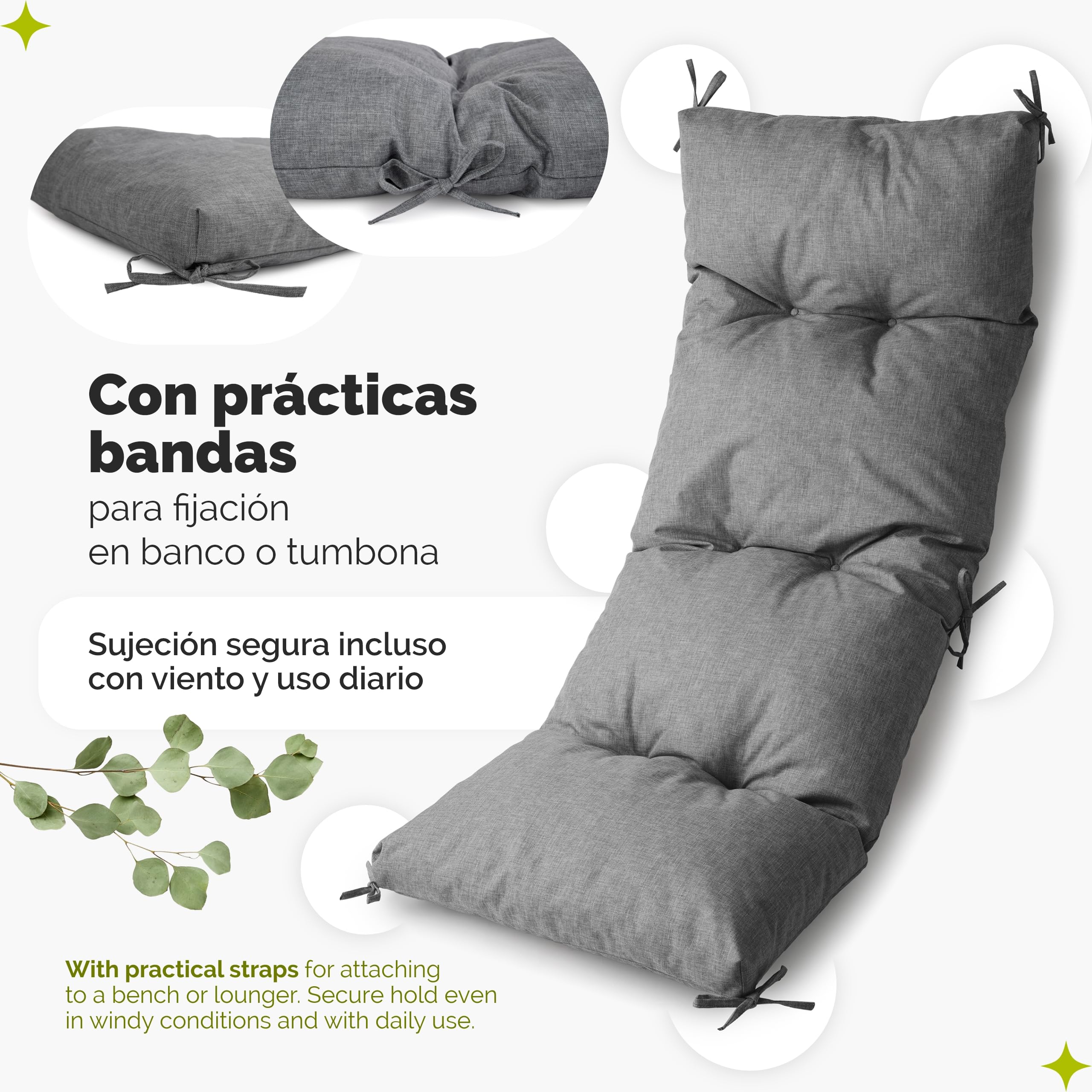 Garronda Cojín Impermeable para Banco 140x50 cm Aprox 10 cm Grosor Asiento Exterior para Banco de jardín y Columpio Acolchado Resistente UV con Cintas Grafito GD-0219