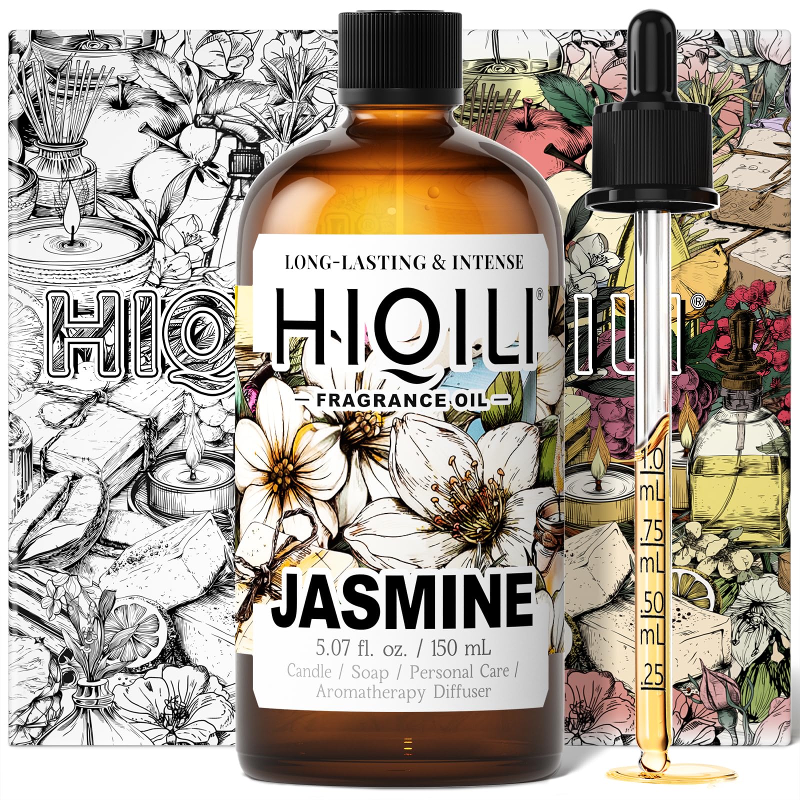 HIQILI Jasmine Fragrance Oil for Aromatherapy Diffuser, Floral Scent for Candle, Perfume Making, Skin Care, Laundry Essential Oil - 5.07 Fl Oz