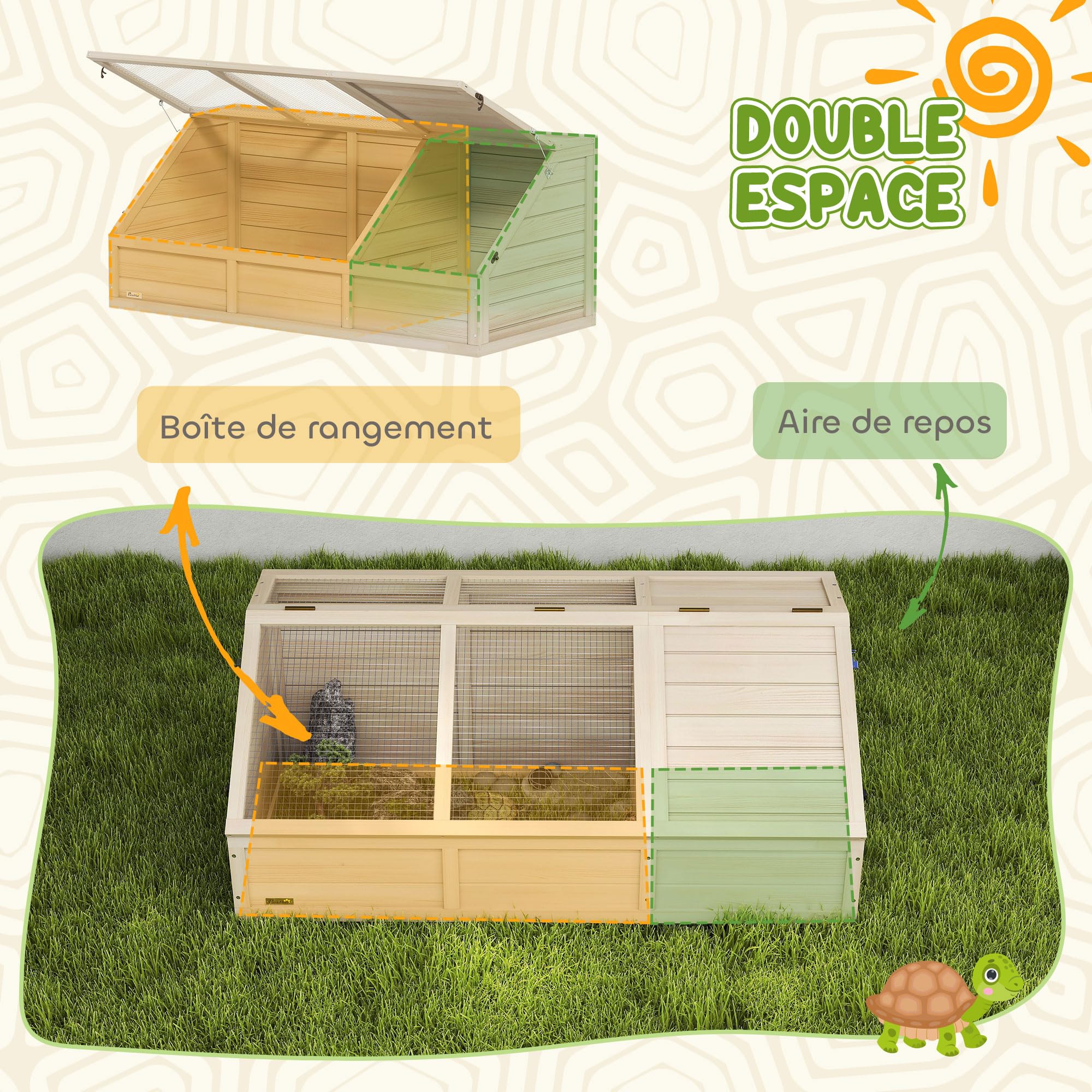 PawHut - Casa de Madera para Tortugas, recinto Exterior para Animales pequeños con Tapa abrable, pestillos y 2 Espacios Separados, sin Fondo, 120 x 55 x 50 cm, Madera Natural