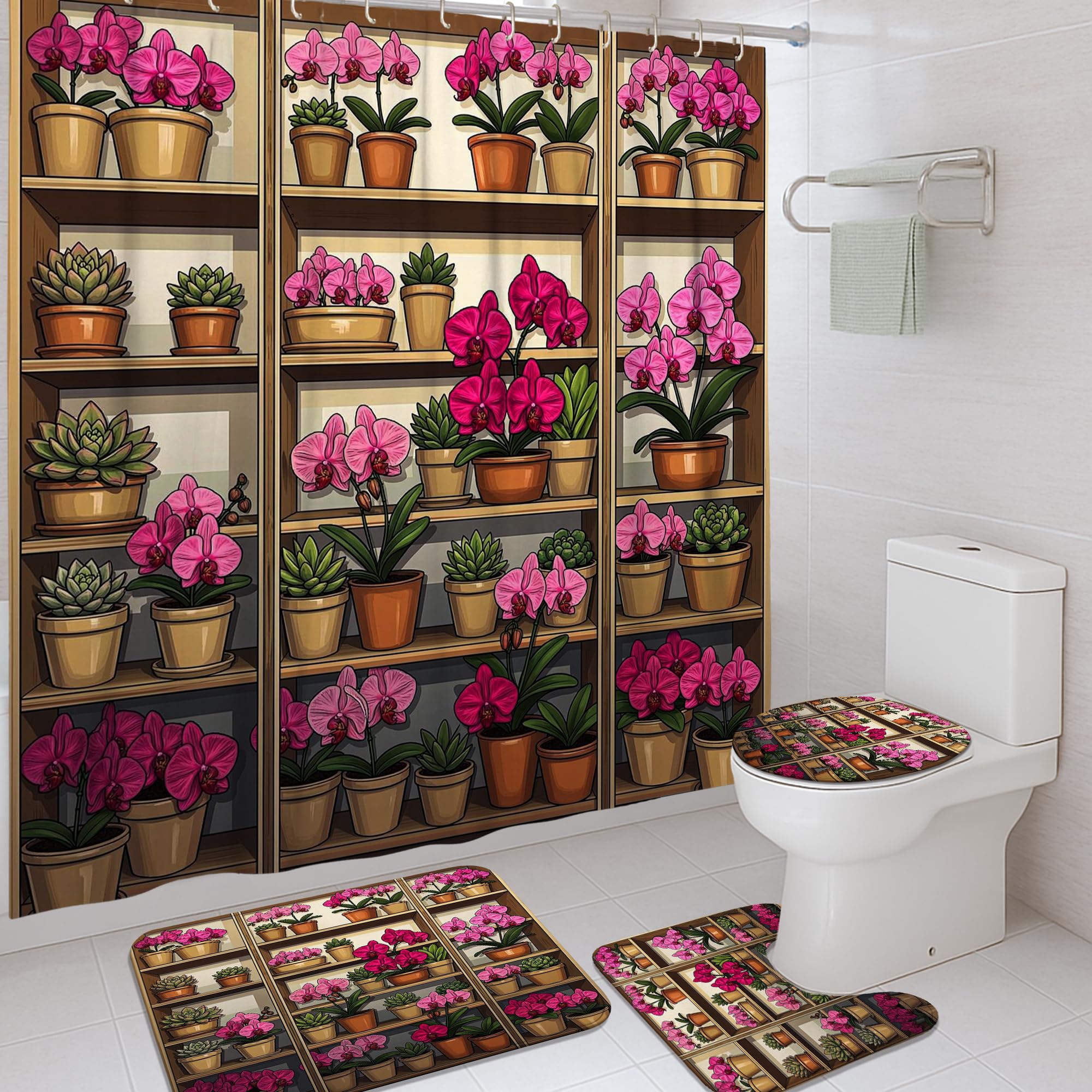 Rideau de douche luxe imperméable motif orchidée et tapis de bain haute densité