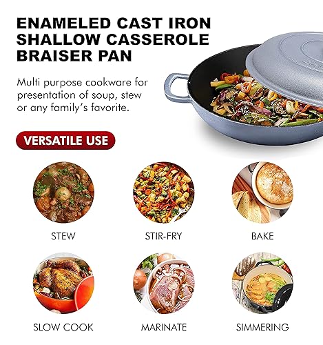 Miniatura 8 de Bruntmor - Horno holandés tipo sartén skillet hierro fundido esmaltado, 3.8 cuartos de galón, asas y tapa utensilio cocina poco profundo, cocción