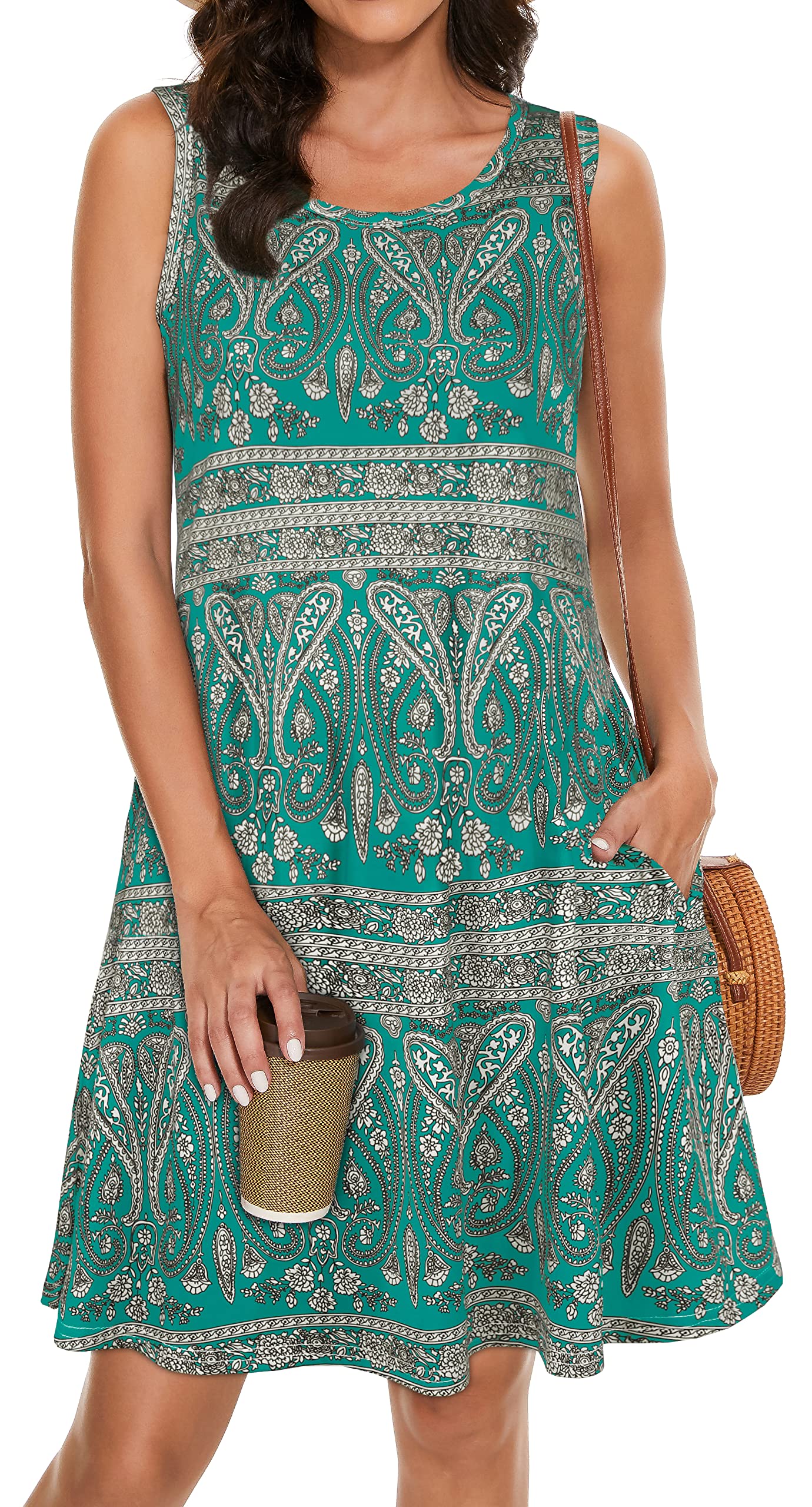 Summer Dresses for Women Beach Boho Sleeveless Vintage Floral Flowy Pocket Tshirt Tank Sundresses