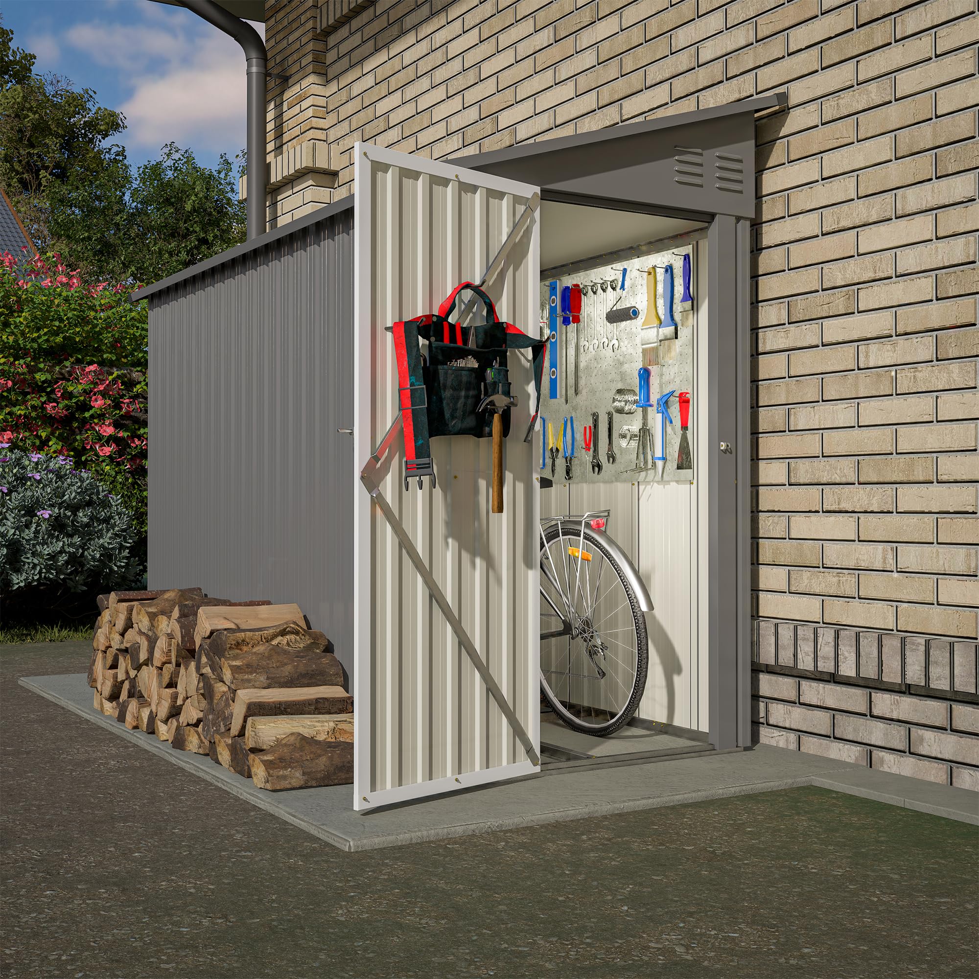 YOPTO 4x8 FT Lean to Metal Shed,Outdoor Storage Shed W/Floor Frame &amp; Reversible Installation,All Weather Waterproof Garden Tool House W/Lockable Door &amp; 2 Air Vents,for Backyard,Patio,Lawn,Gray