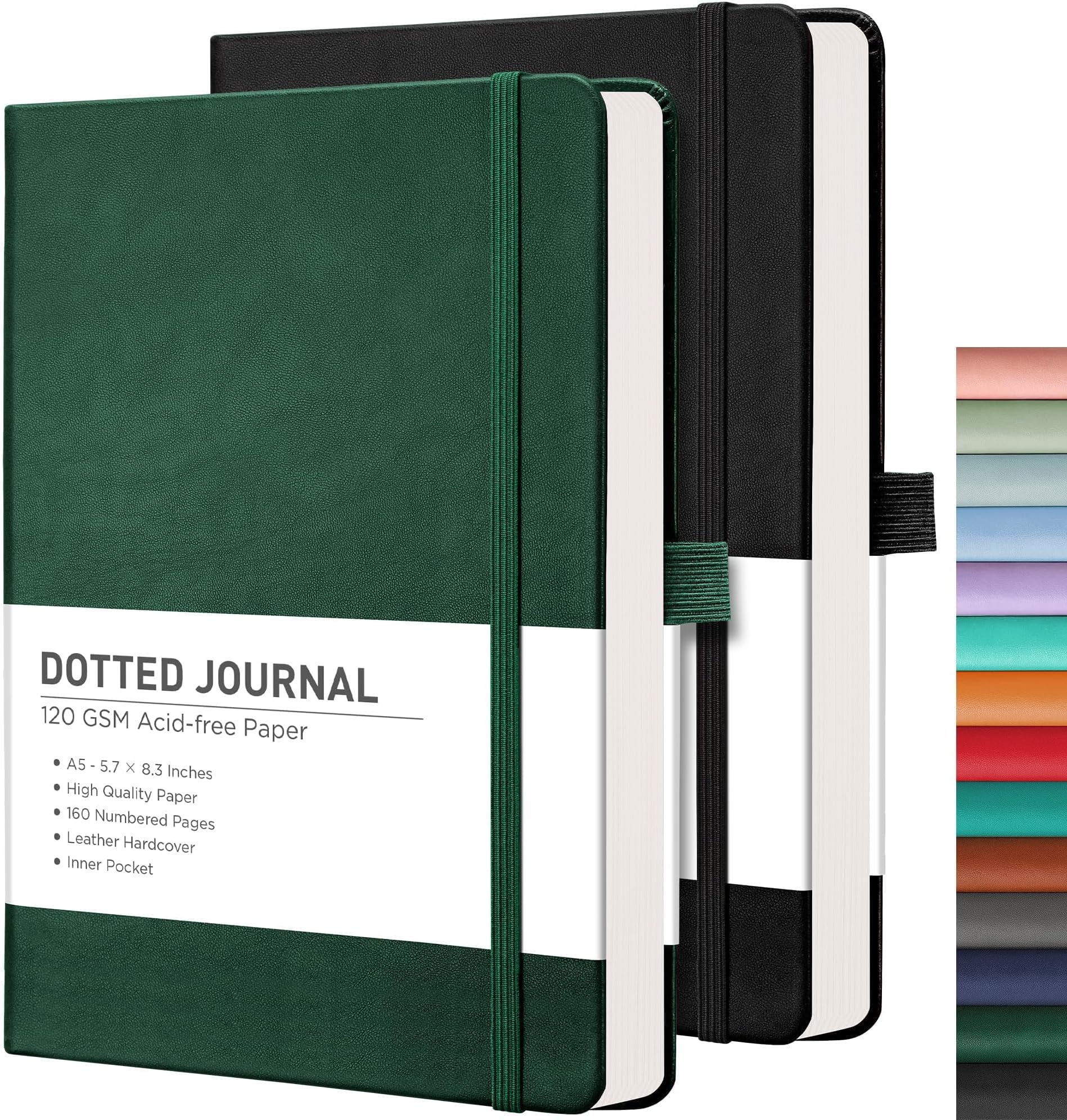 A5 Dotted Notebook 2 Pack - Bullet Dot Grid Journal with 320 Numbered Pages Hardcover 120gsm Thick Paper, 8 Perforated Sheets, Pen Holder, Inner Pocket 14.5 x 21cm - Black Green