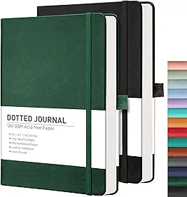RETTACY Pacote com 2 cadernos pontilhados com capa dura com 320 páginas, papel grosso de 120 GSM, couro sintético liso, bolso interno, 14 cm × 21 cm (preto e verde)