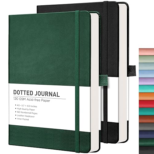 RETTACY Dotted Journal Notebook, 2-Pack, 160 Numbered Pages per Pack, A5 Medium Size (5.7'' x 8.3''), 120 GSM Thick Paper, Leather Hardcover, for Bullet Journaling (Black & Dark Green)