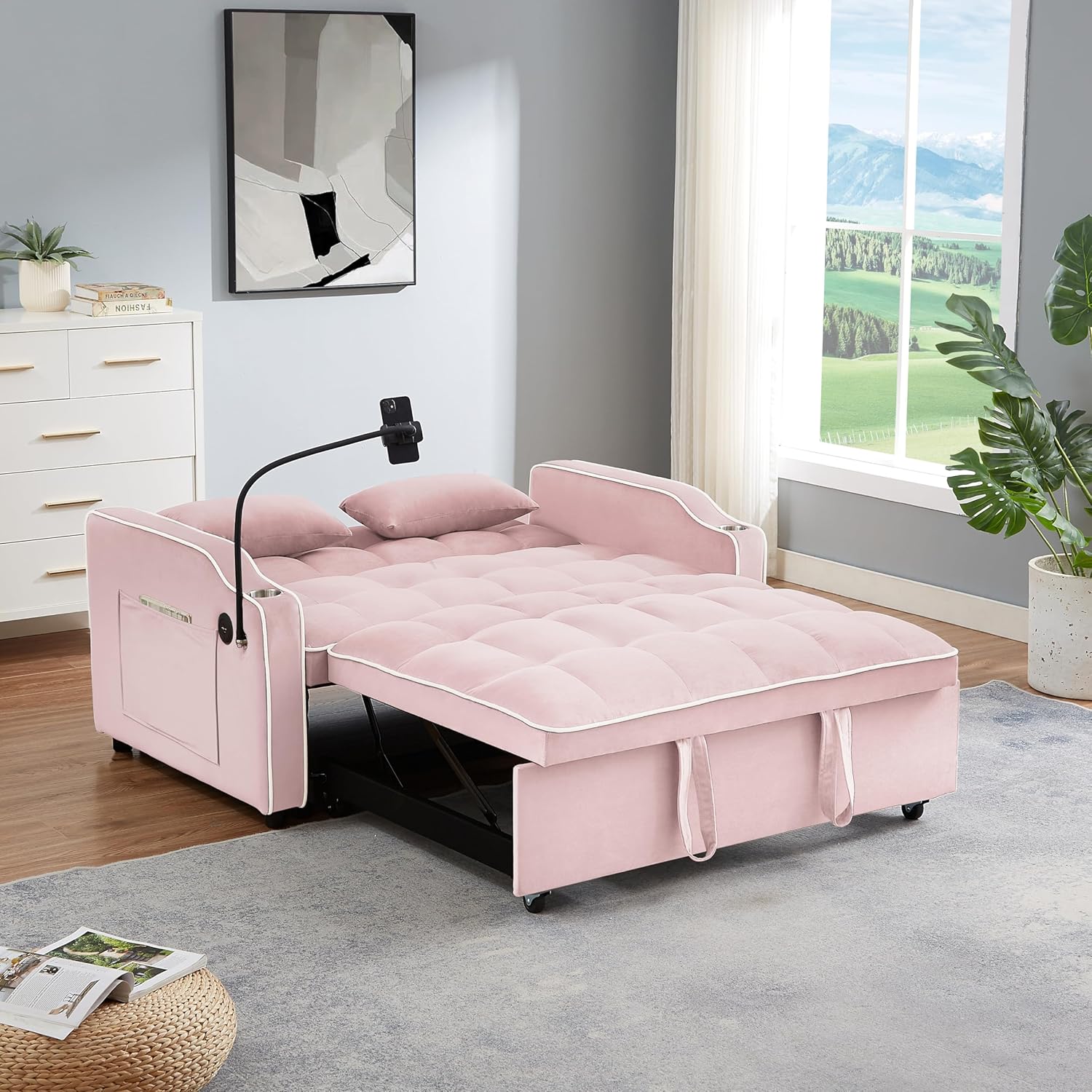 Lakifun Convertible Sleeper Sofa Bed, Modern Velvet Loveseat w/Pull Out Couch, 54.7" Loveseats Sofa w/Adjsutable Backrest, Cup Holders and USB Port, Swivel Phone Stand,Pink