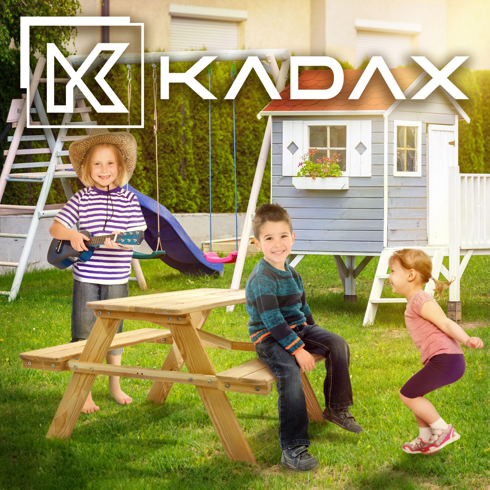 KADAX Mesa de picnic infantil con bancos y sillas de madera, muebles para pícnic, juego de picnic para jardín, conjunto de asientos infantiles (natural)