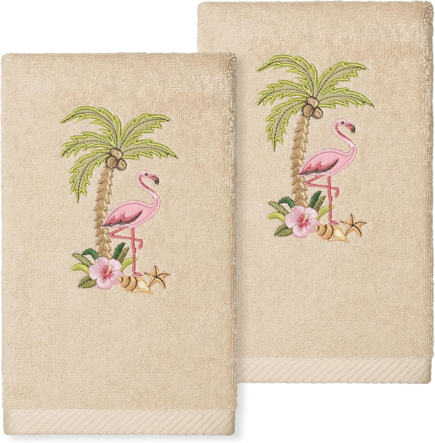 Tropic 2-Piece Hand Towel Set, Premium Turkish Cotton, Tropical Flamingo & Palm Embroidery, Soft & Highly Absorbent, Ideal for Exotic Bathroom Elegance, White Color