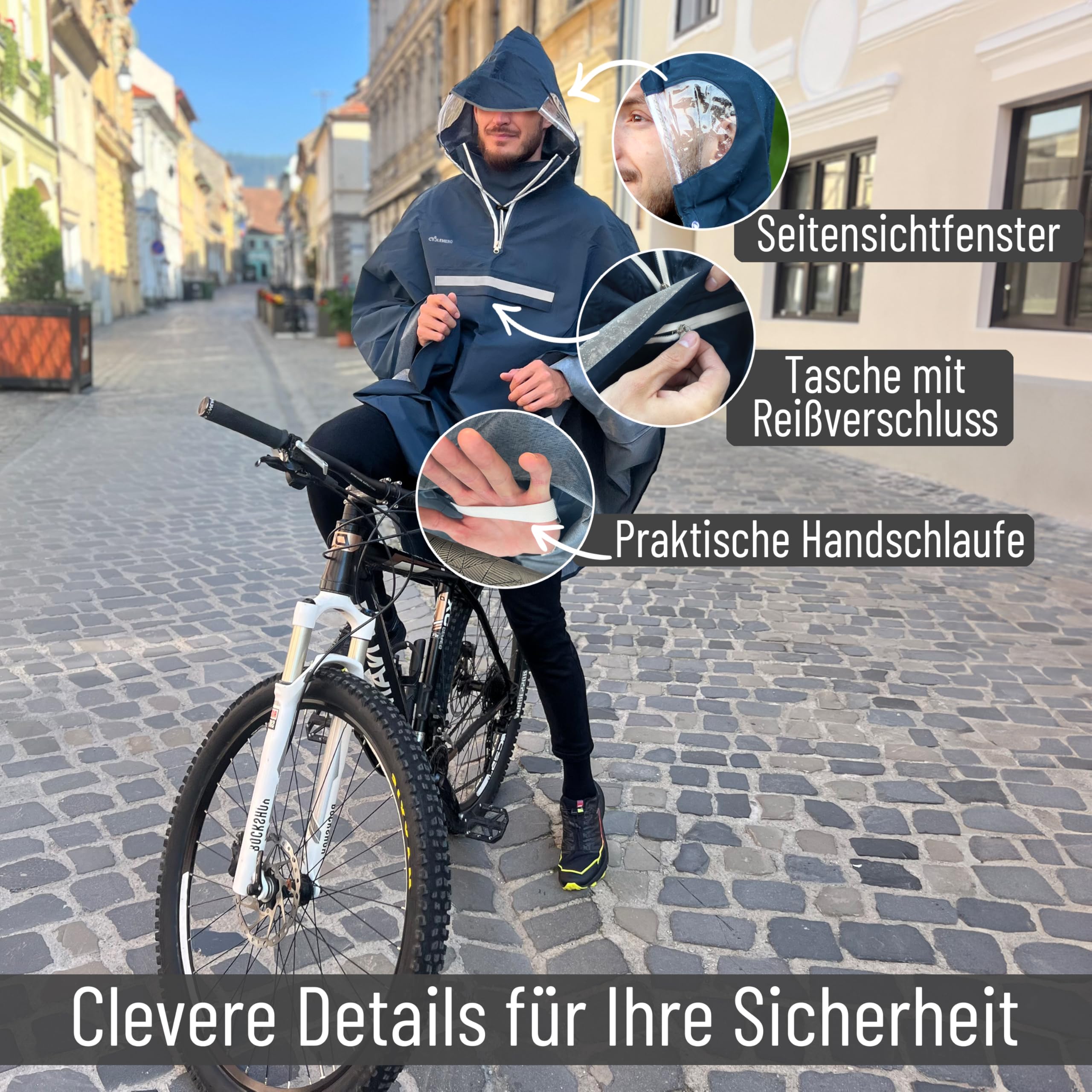 Regenponcho Fahrrad extra wasserdicht und robust - TEST SEHR GUT - Premium Regencape Fahrrad mit Reflektoren, Sichtfenster - Regenbekleidung als Regenponcho Herren und Damen - Regenjacke