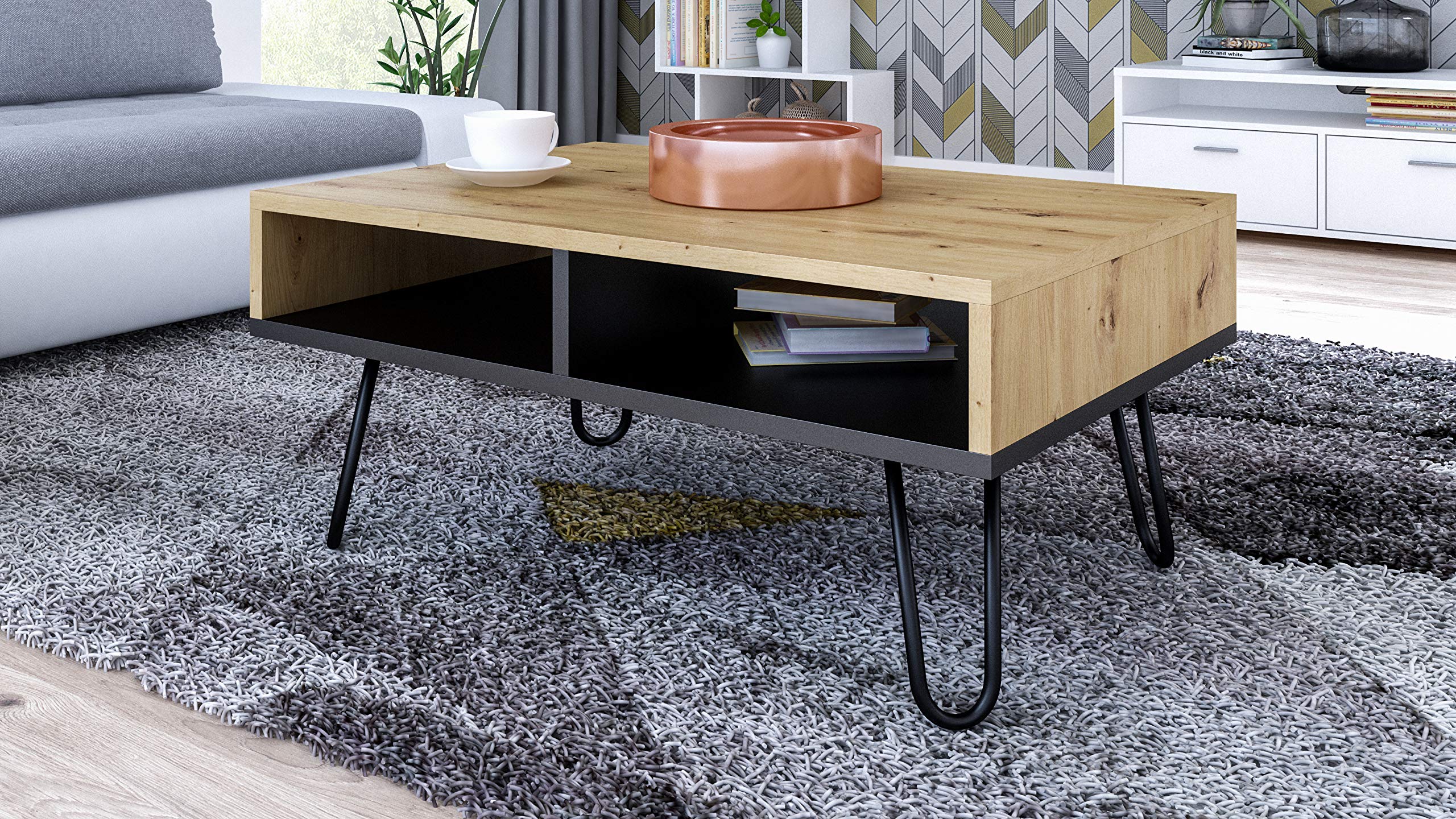 MATKAM Dora Couchtisch, H/B/T 55 x 100 x 50 cm, in Retro Optik, mit Metallbeinen, Zwei offene Ablagefächer, in verschiedenen Ausführungen erhältlich (Artisan Eiche)