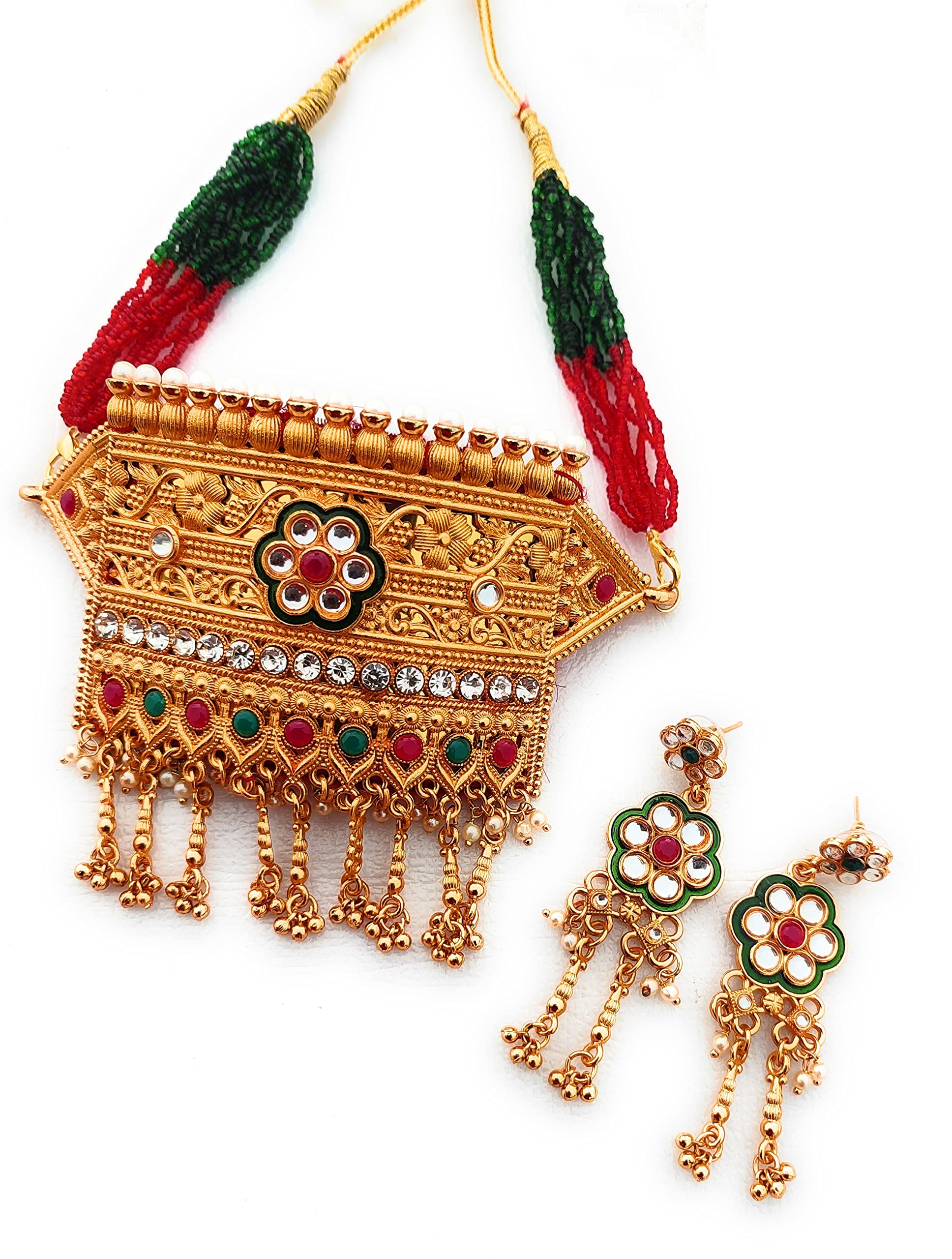 NIKYANKA red green American studded Rajputi Rajasthani Aad Timaniya necklace set for women (B0BB8D4QWJ) Amazon Price History, Amazon Price Tracker