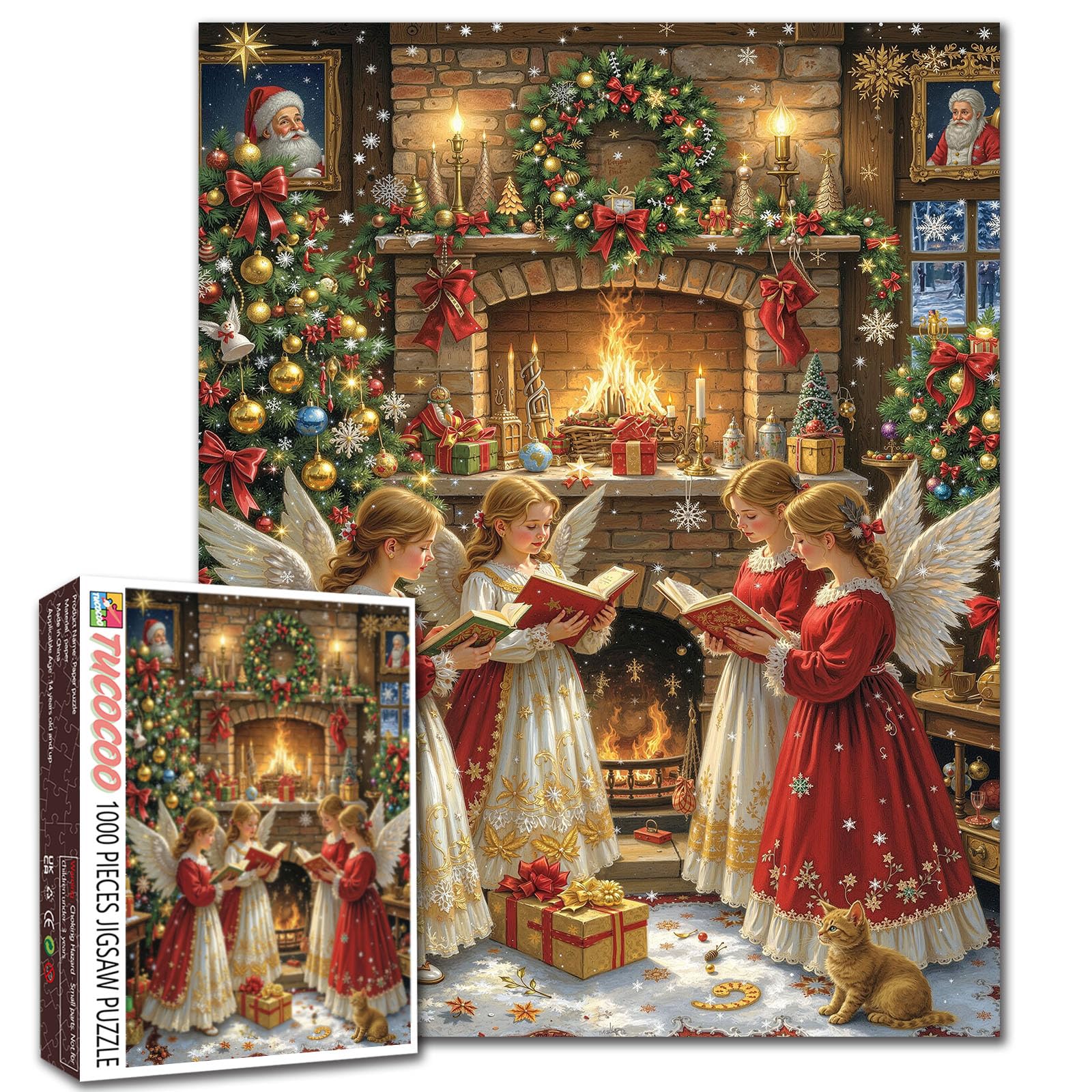 Christmas Angels Choir Jigsaw Puzzle 1000 Pieces for Adults Students 20ร27 Inches Cozy Holiday Fireplace Xmas Tree Wreath Candles Gifts Relaxing Winter Brain Game Family Activity Home Decor โ image 1