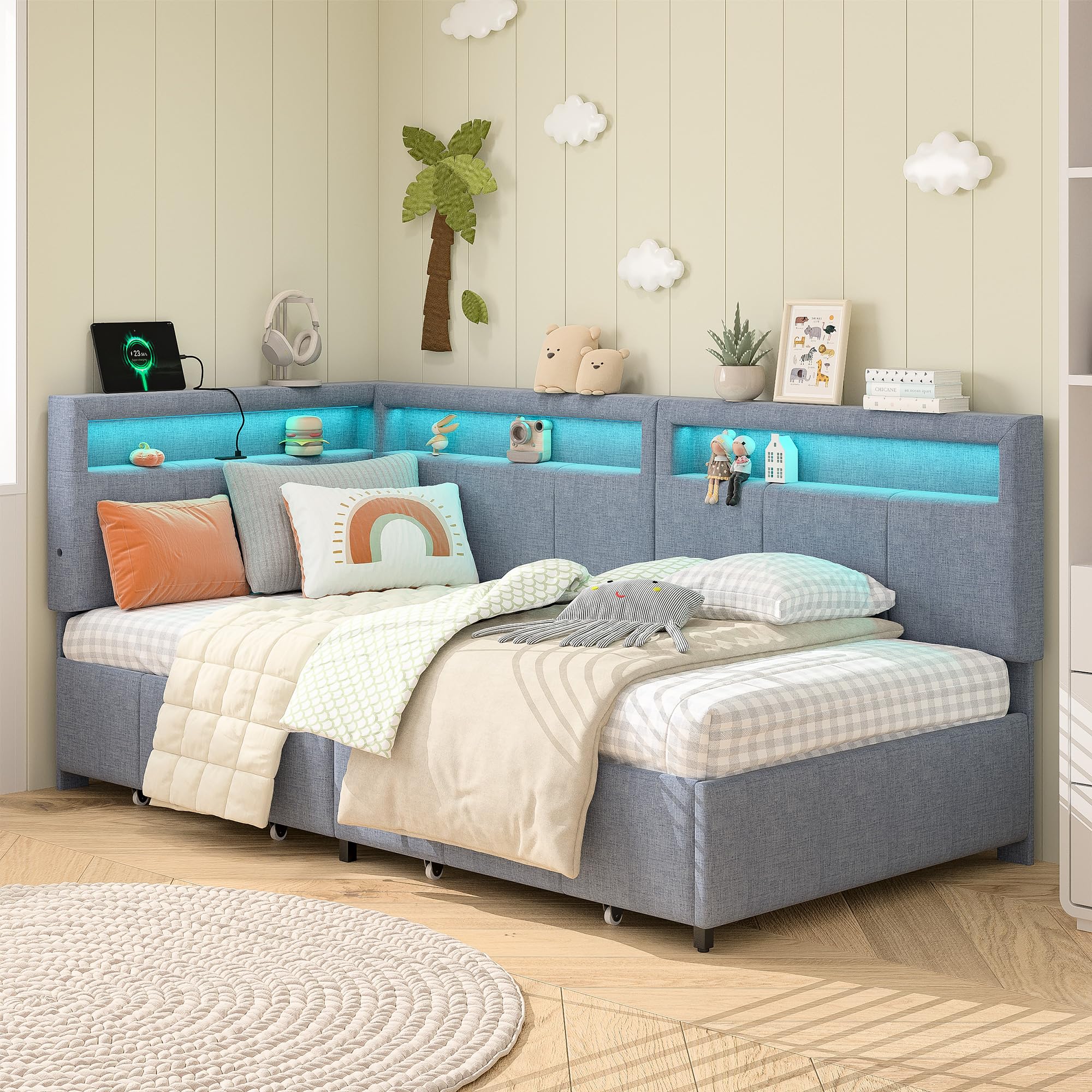 Letto angolare imbottito 90x200 cm con illuminazione a LED e USB-C, divano letto a L con 2 cassetti e ripiano contenitore, letto funzionale con base a doghe