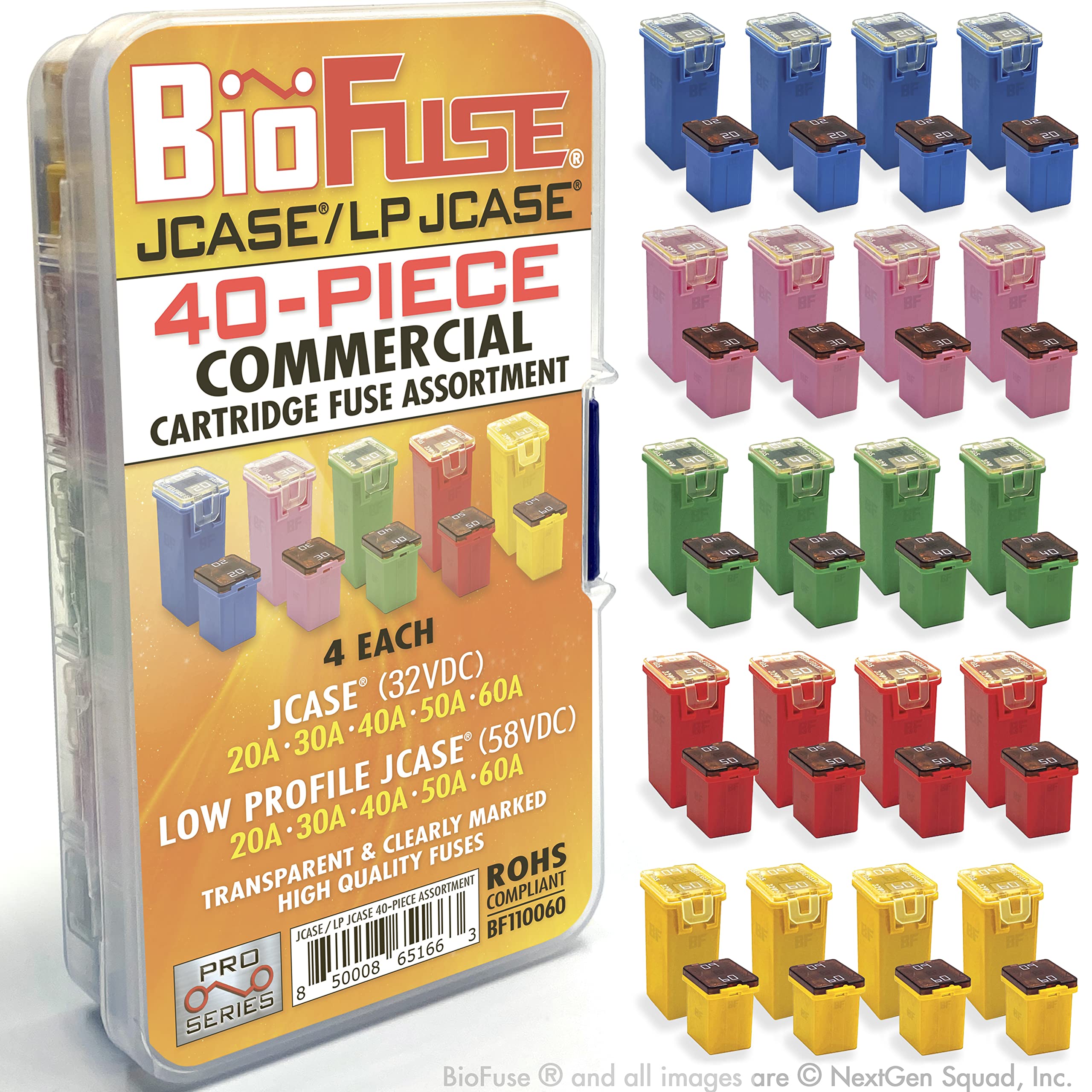BioFuse JCASE & LP (Low Profile) JCASE 40-Piece Commercial Cartridge Fuse Assortment 20A 30A 40A 50A 60A (4 Each). Fits Most: Nissan, Toyota, Chrysler