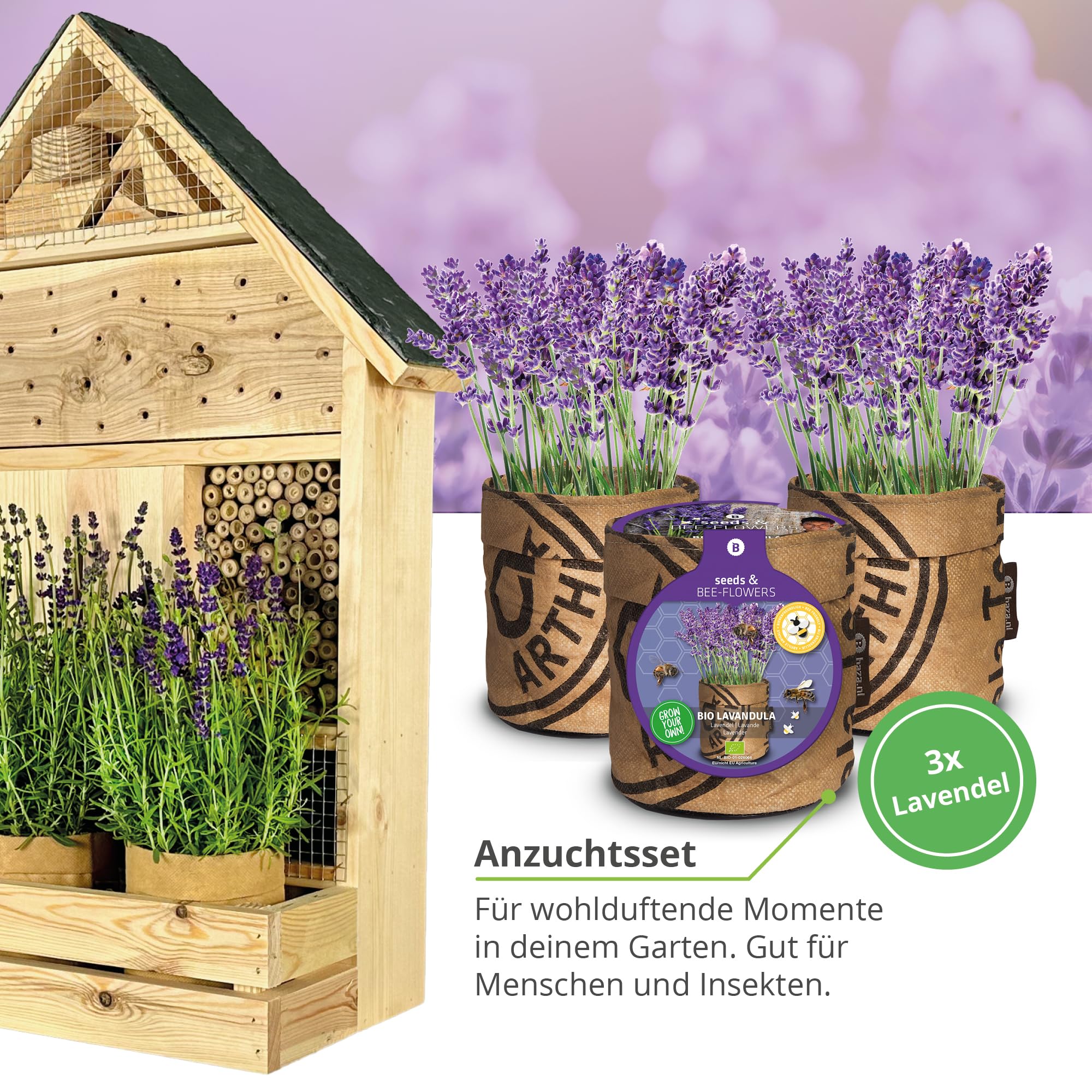 GARTENETAGE Stehendes Insektenhotel XXL mit Schieferdach und Pflanzenoase Lavendel - inkl. Anzuchtset/Naturbelassenes, massives Insektenhaus & Bienenhotel/Insektenhotel zum Aufstellen