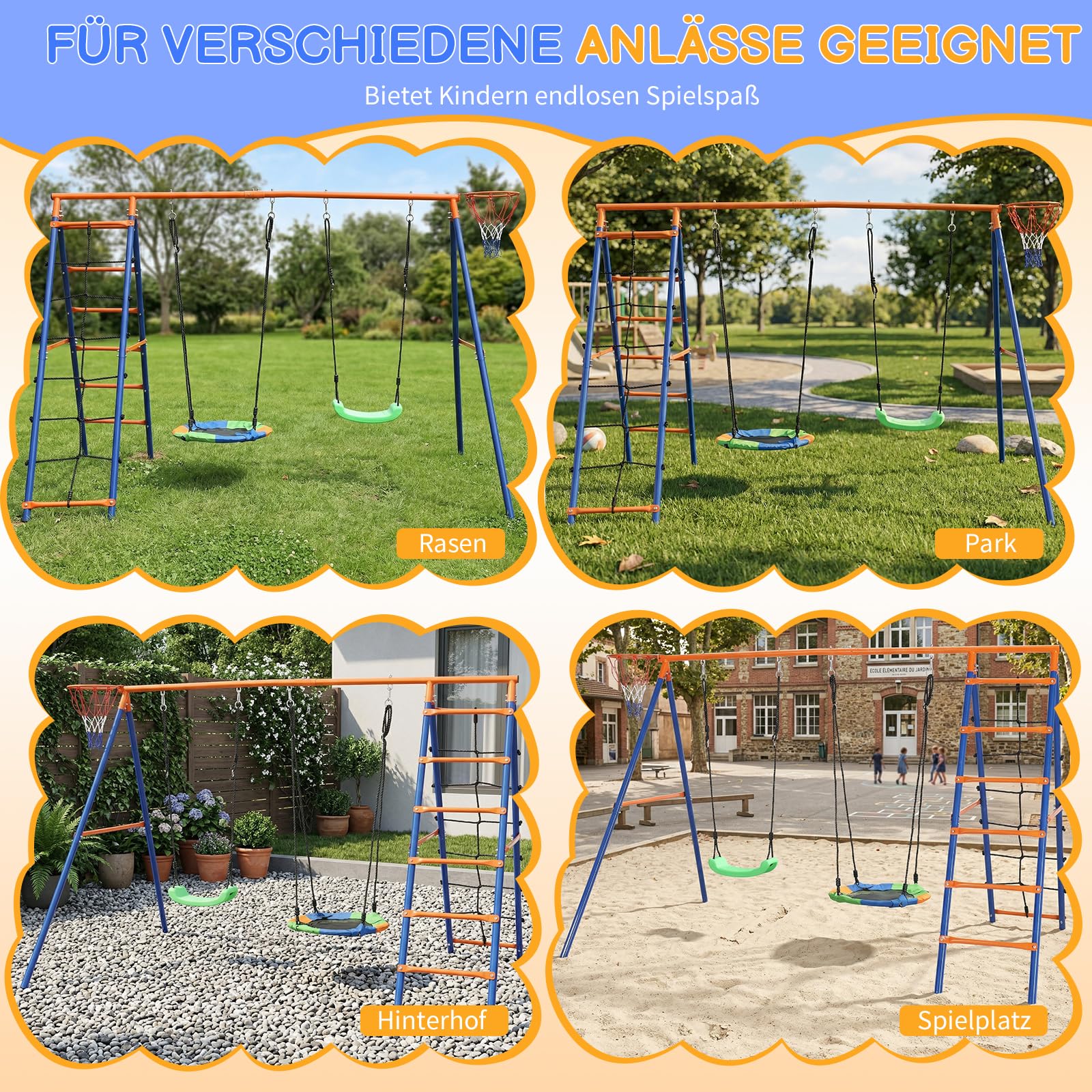 LEADZM Schaukel Outdoor für Kinder mit Klettergerüst, Basketballkorb
