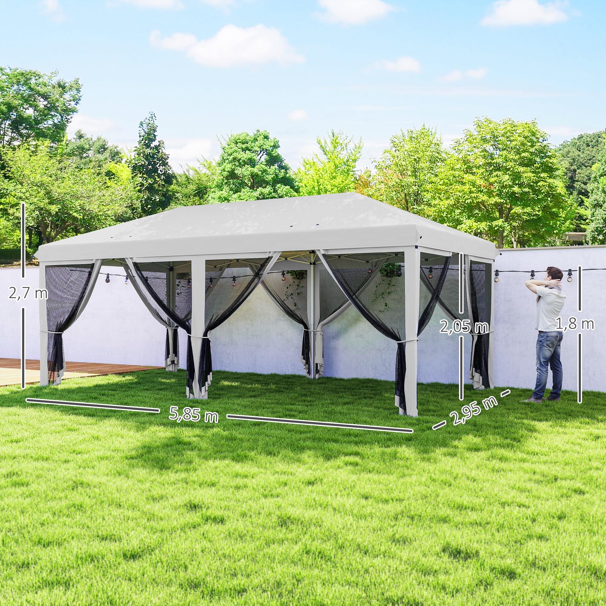 Outsunny Carpa Plegable Pop-Up Gazebo 6x3 m Cenador Plegable con 6 Paredes Laterales de Malla Anti-UV y Bolsa de Transporte para Camping Fiestas Crema