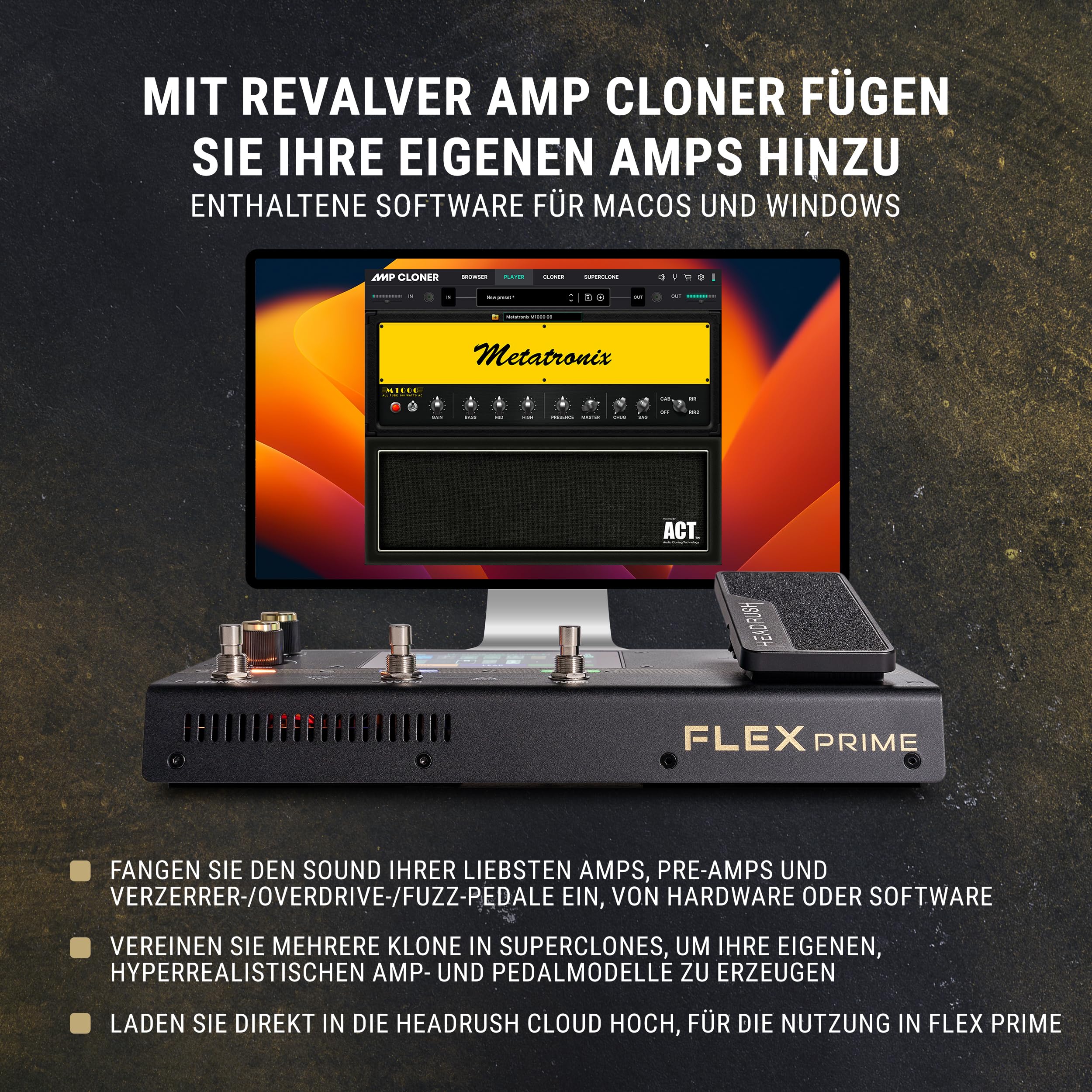 HeadRush Flex Prime Gitarre und Bass Multi-Effekt Pedal und Amp Modeling Prozessor mit Touchscreen, Looper, WLAN, Bluetooth, IR Loader, USB, Lektionen