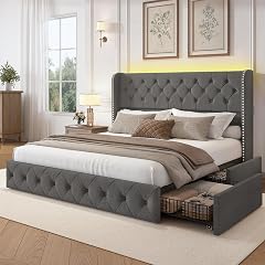 LARMACE King Size Bed Frame with LED Lights and 4 Storage Drawers Linen Upholstered Platform Bed Frame with
