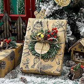 MAYPLUSS Kraft Christmas Wrapping Paper Roll - 3 Mini Roll -17in x120in Per roll,Kraft Vintage Wrapping Paper,Rustic Print for Party,Birthday,Baby Shower,Natural Paper Roll Design (42.3 sqft)
