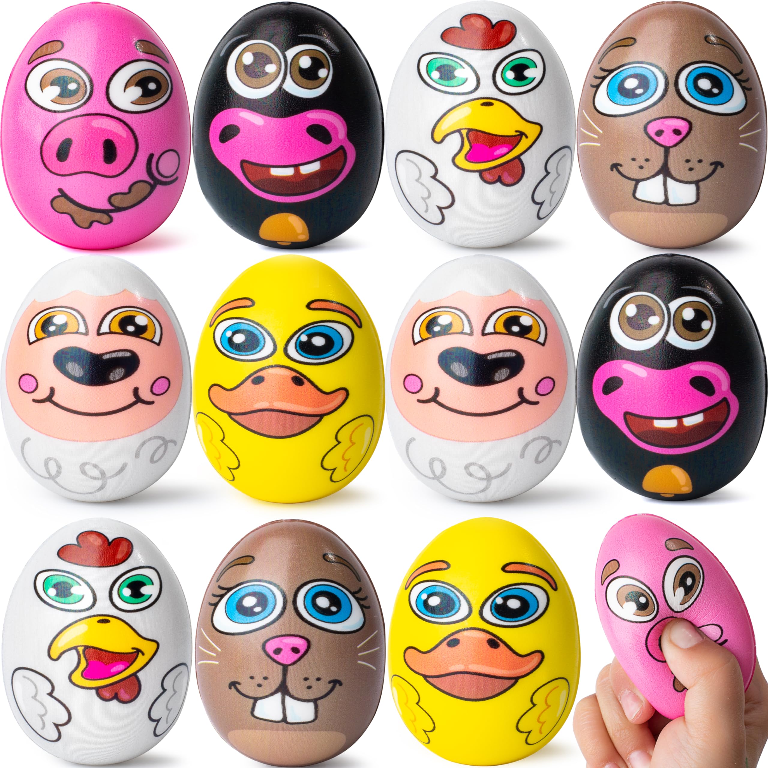 JOYIN 12 PCS Easter Egg Squishy Toy for Easter Eggs Hunt Animal Themed with Characters, Slow Rising Stress Relief Soft Squeeze Easter Eggs, Easter Basket Stuffer Fillers, Assorted Colors, Party Favors