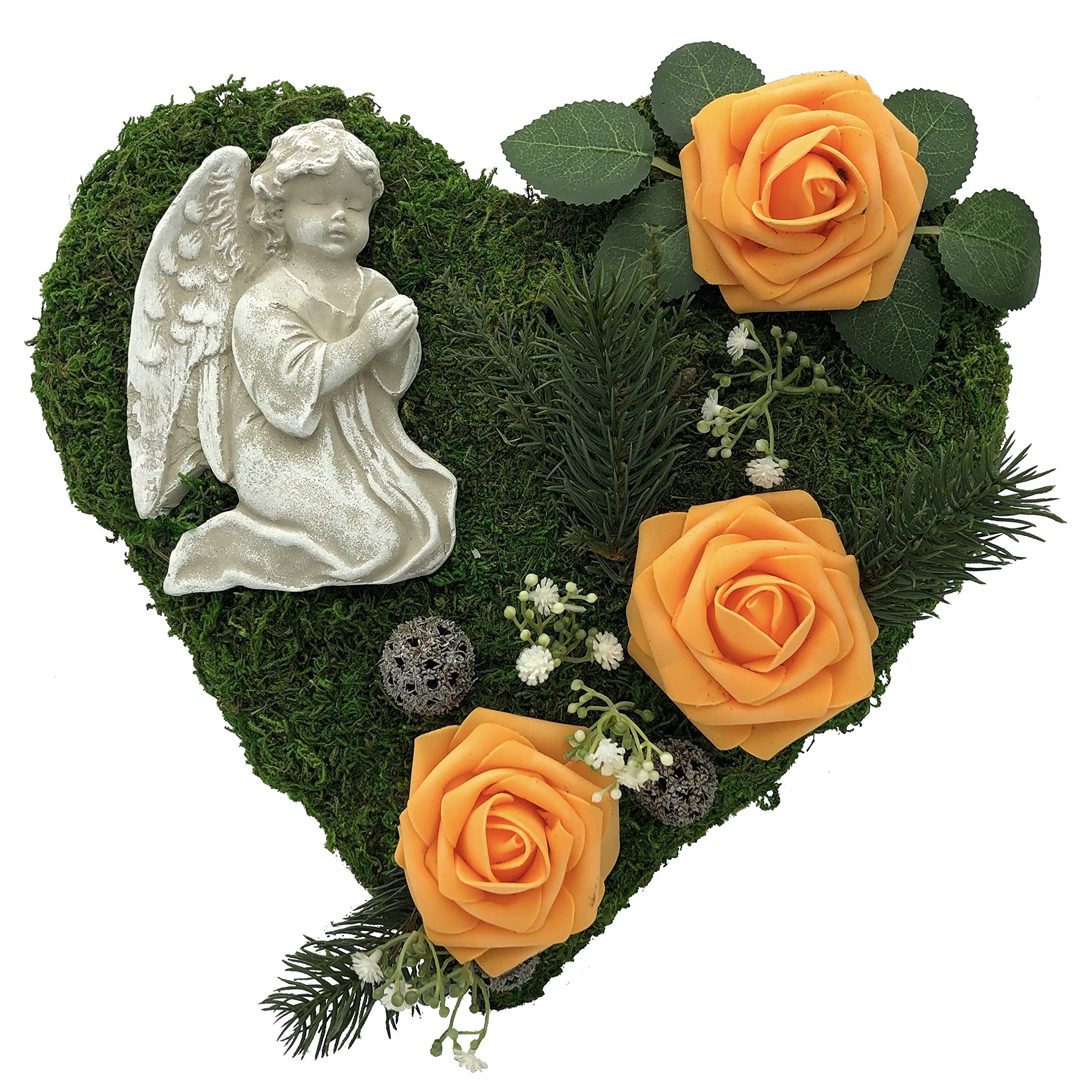 Radami Grabgesteck Grabschmuck Grabaufleger Moosherz Grabherz Trauerherz Grab Herz Gesteck Rosen mit Engel (Rosen Orange)
