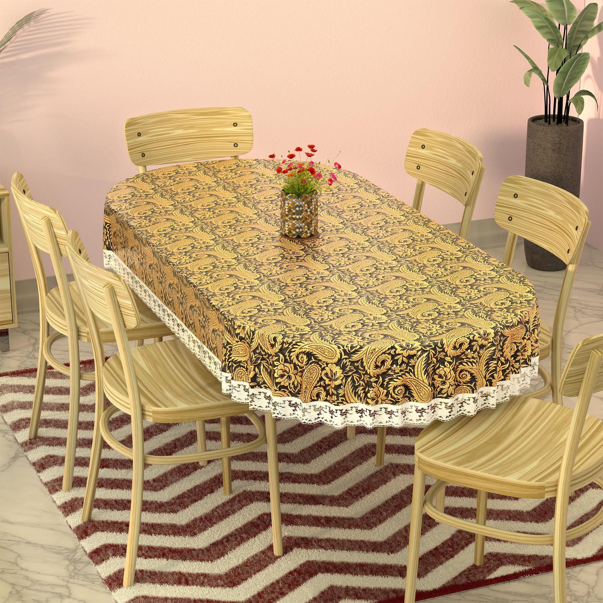 Kuber Industries 60x90 Inch - 6-Seater Oval Shape Dining Table Cover | Table Protector Table Sheet for Dining | PVC Waterproof Tablecloth for Dinner | Multi Floral - Black Golden