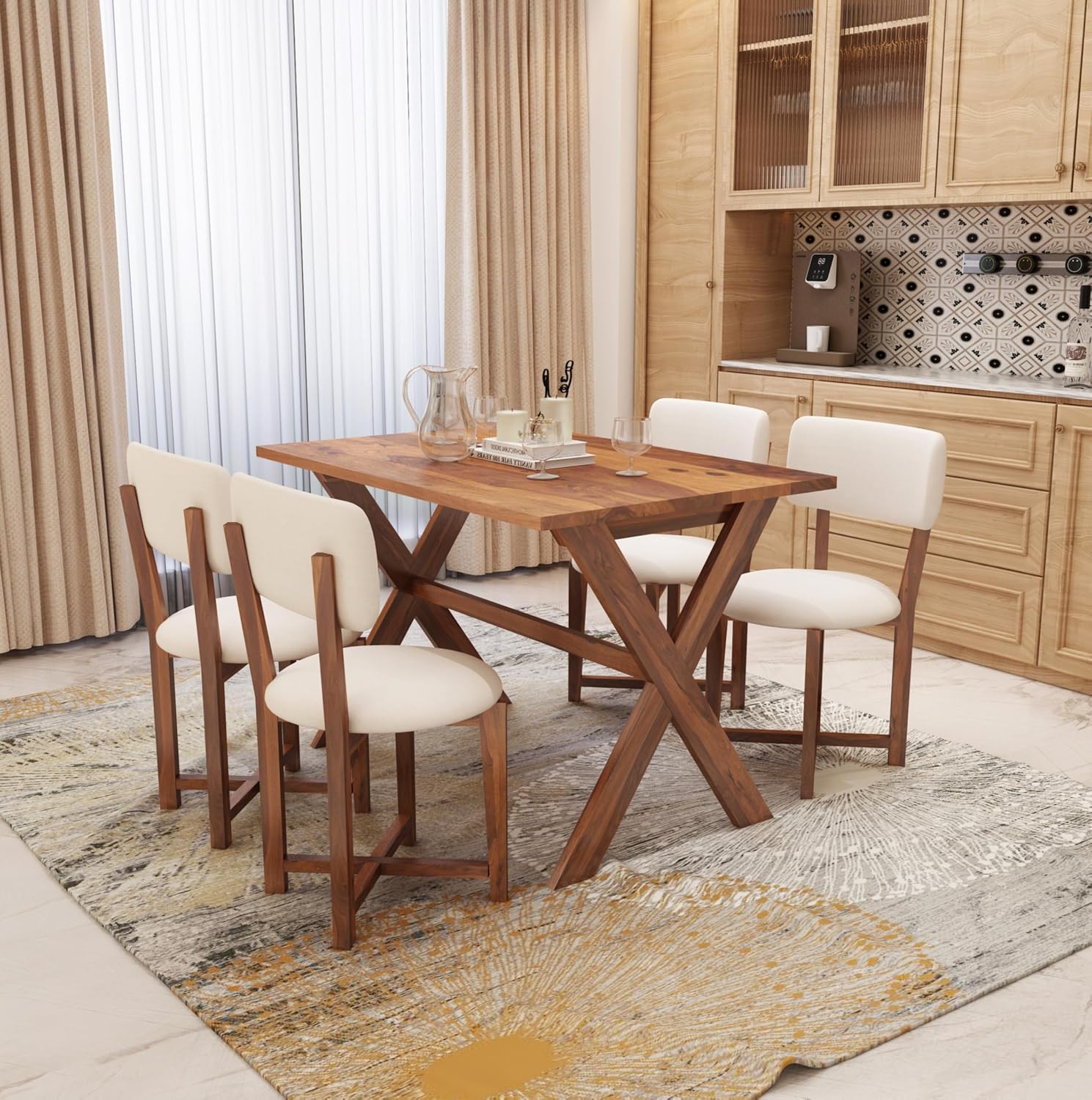MURALICRAFT Sheesham Wood 45 Inch Dining Table 4 Seater | Four Seater Dinning Table Set with 4 Upholstered Dining Chairs | Table: Criss Cross Design | Chair: Premium Round Edge | Rosewood, Honey