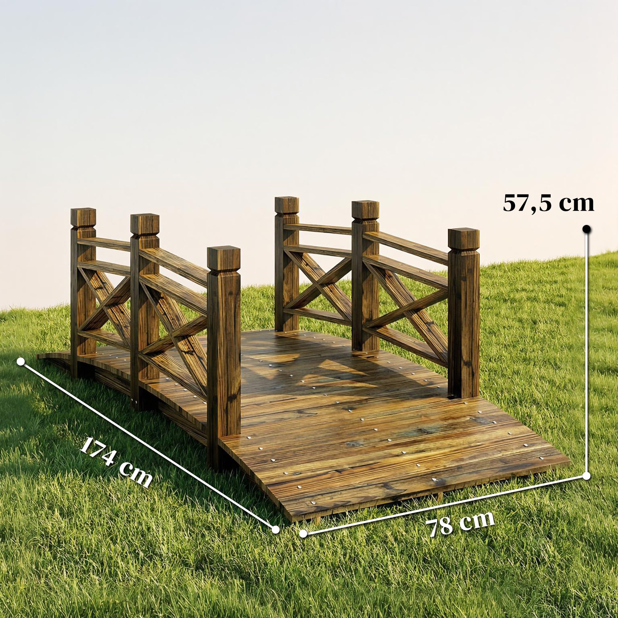 Outsunny Drewniany Mostek z Balustradami, Ogrodowy Mostek z Drewna Jodłowego, Dekoracyjny Mostek do Stawu, Rustykalny Mostek Ogrodowy, Obciążenie do 200 kg, 174 x 78 x 57,5 cm, Spalony