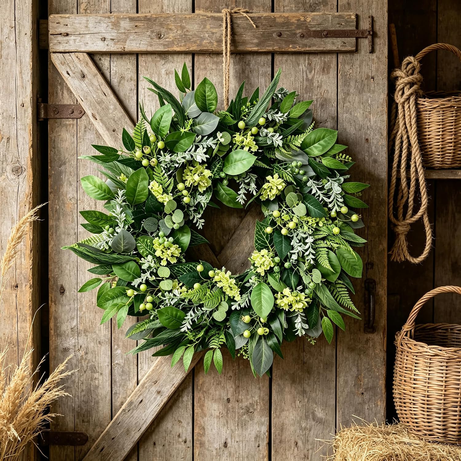 24 Inch All Season Greenery Wreath,Artificial Eucalyptus Wreath for Front Door,Farmhouse Spring Summer Fall Winter Decor, Indoor Outdoor Home Wall Porch Decoration