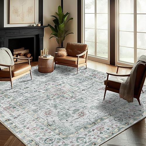 Washable Area Rug 8'x10' Boho Design Non-Shedding Non-Slip Easy Care