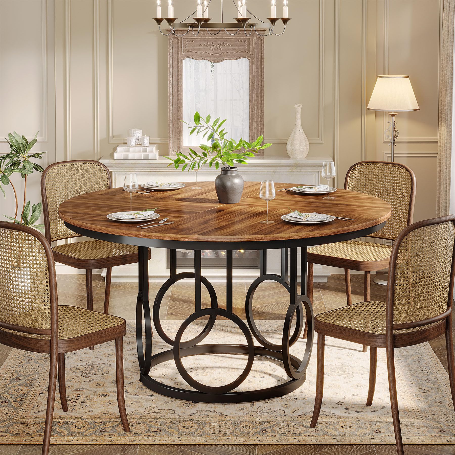 Tribesigns Tavolo da Pranzo Rotondo 119 cm in Legno con Base in Metallo per 4-6 Persone, per Sala, Cucina, Soggiorno