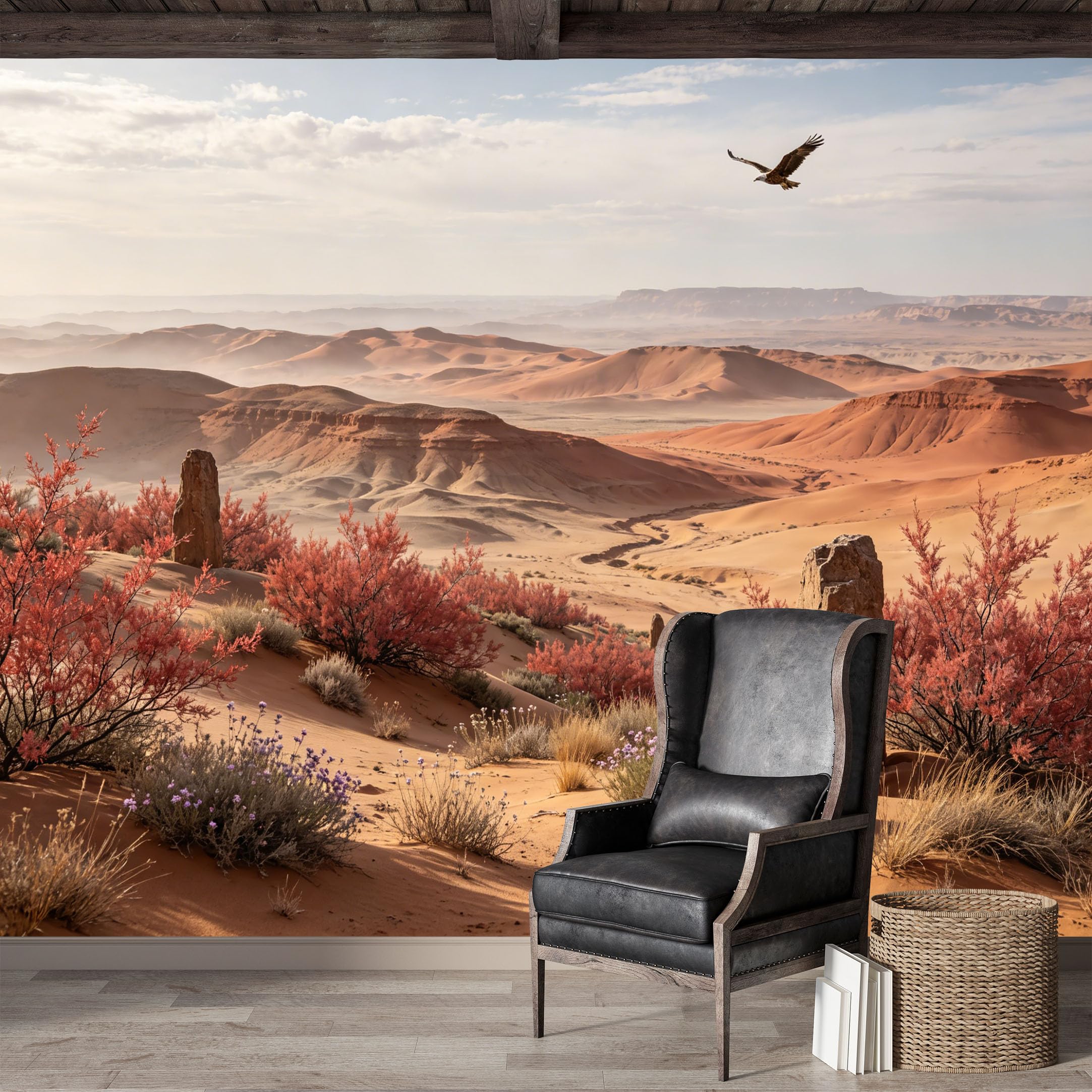 Custom Size Wall Mural,Desert Landscape Eagle Flying Panoramic Premium Water Activated SelfAdhesive Wallpaper,Removable Wall Covering,Easy DIY Install Wall Art for Indoor Home Decor