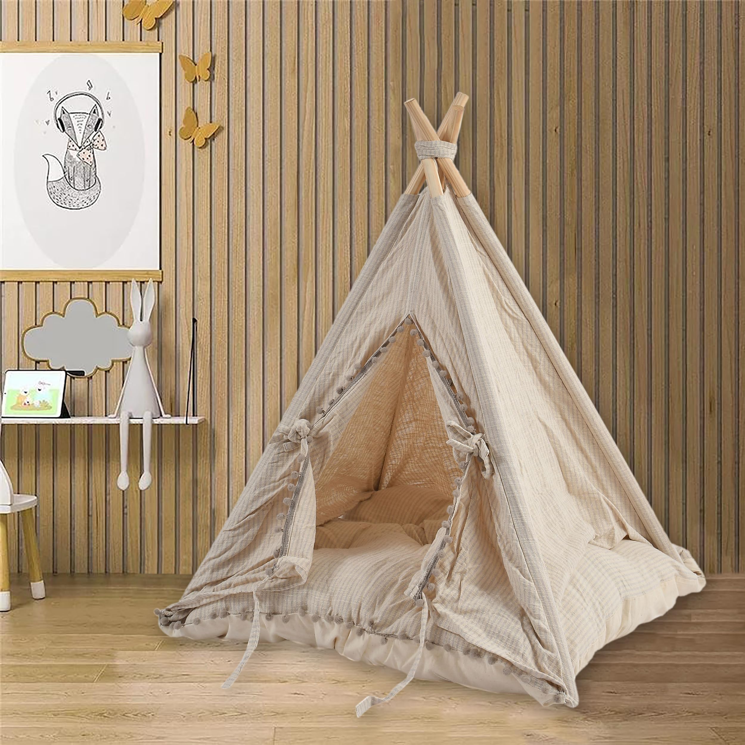 Dog & Cat Teepee Tent with Soft Cushion Bed – Cute Indoor Pet House for Small Dogs & Cats | Durable Wooden Frame & Breathable Cotton Fabric | (Size_28x28x31 Inches) (Beige)-image-37