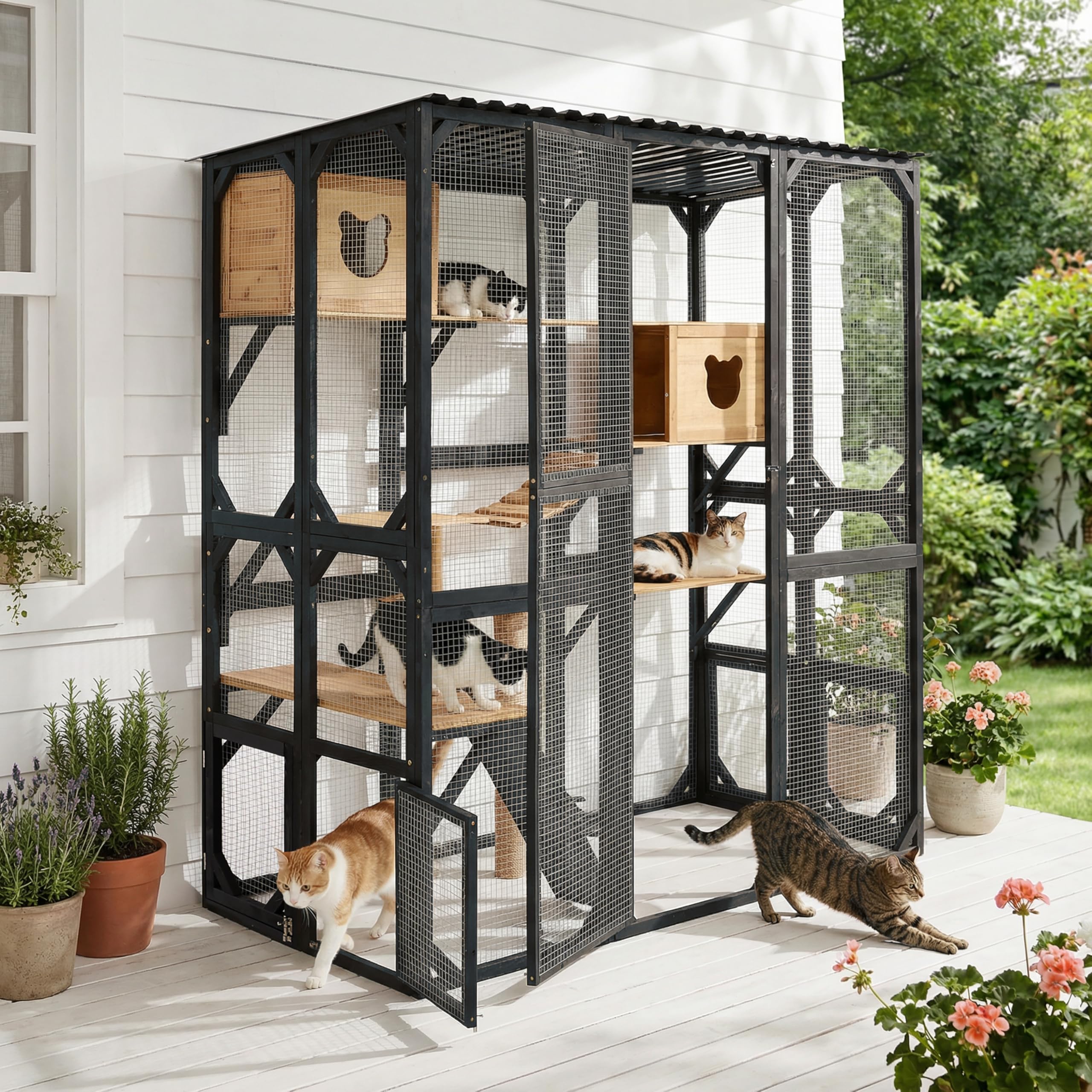 Photo 1 of Large Wooden Cat Enclosure Outdoor Catio with Platforms Condos Scratching Post, Multi Level Cat House with Wire Mesh, Indoor Outdoor Cat Playpen with Doors for Climbing Resting, Black & Natural