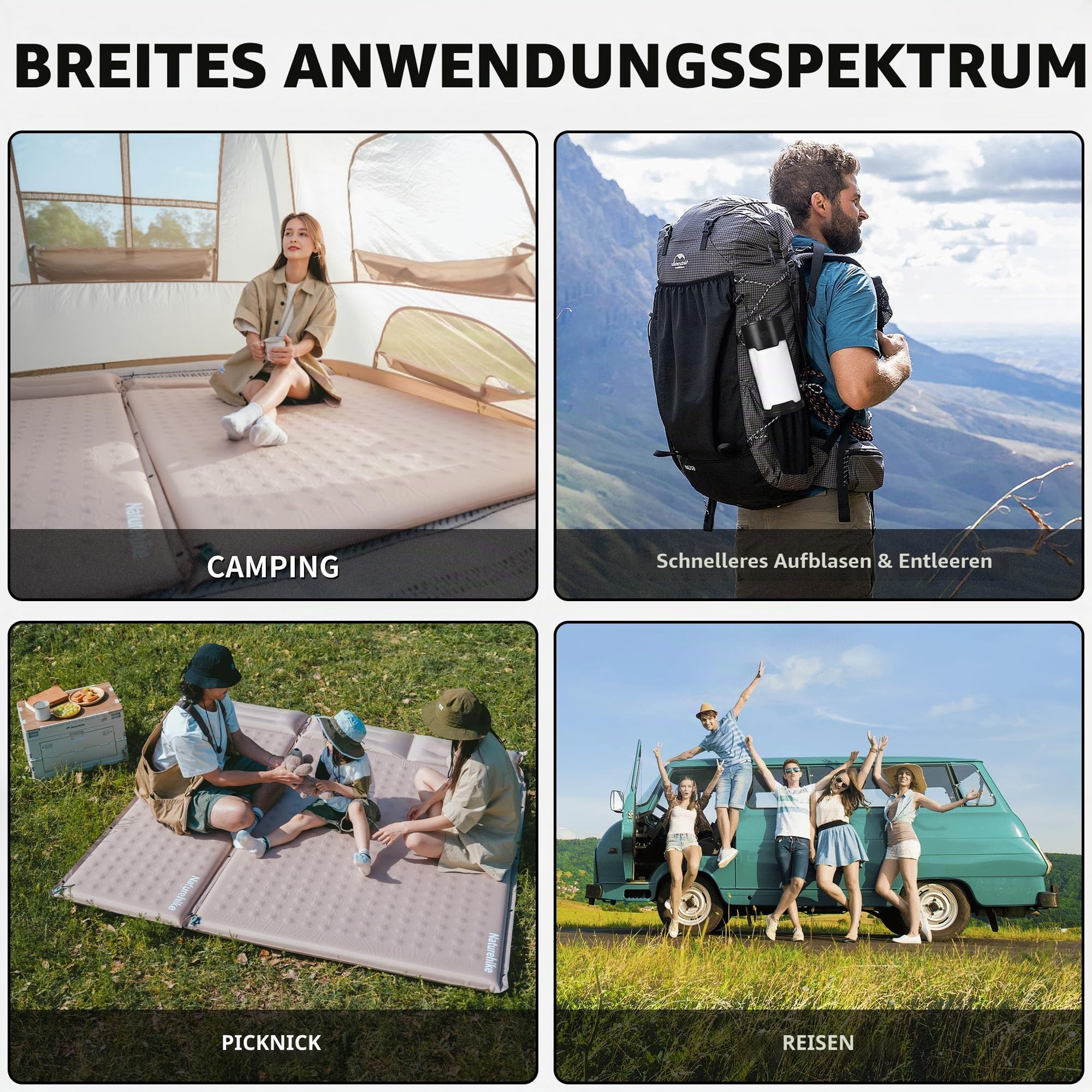 Naturehike Selbstaufblasende Luftmatratze mit Kopfkissen Leichte Camping Matte für Outdoor & Reisen, Selbst aufblasend und bequem