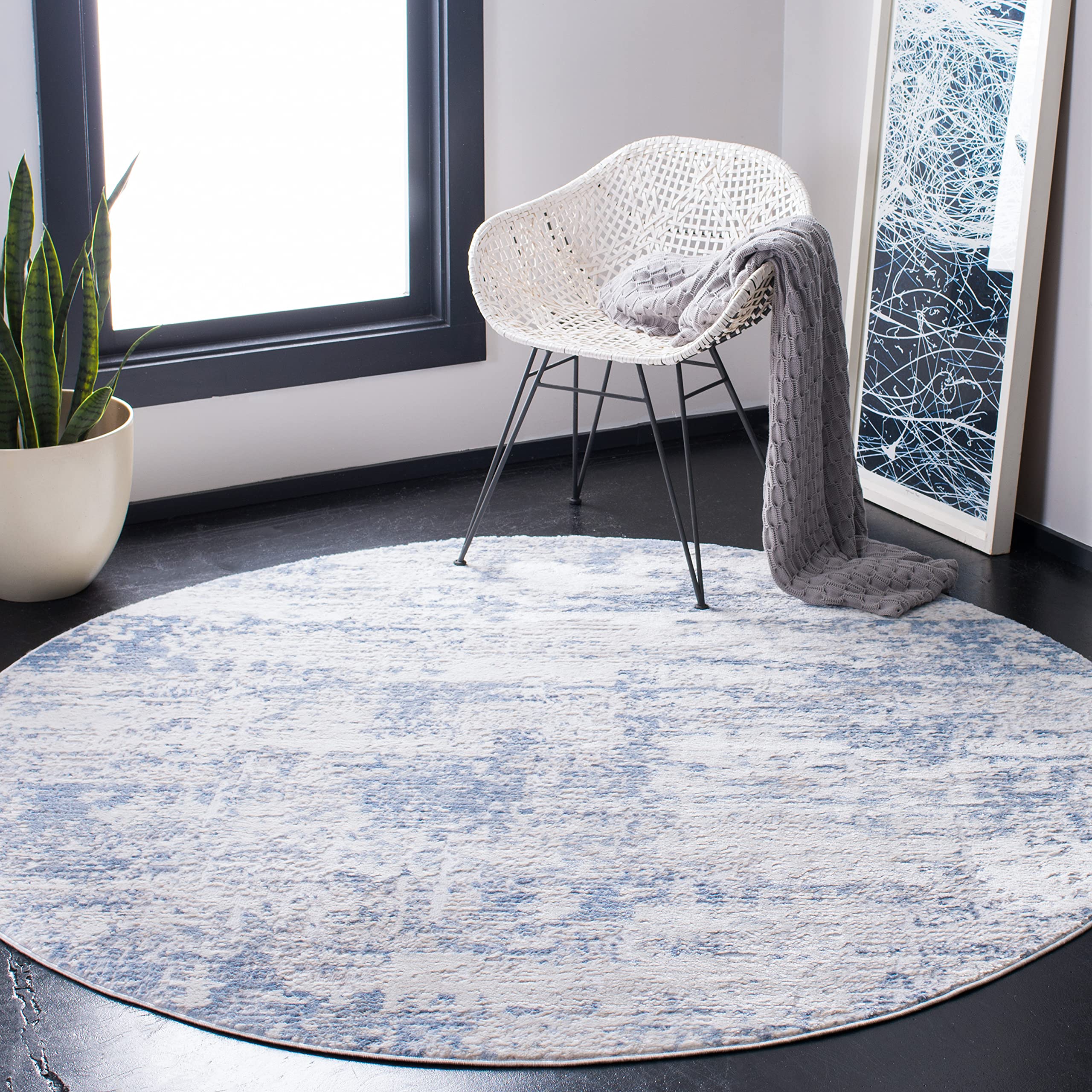 SAFAVIEH Amelia Collection Area Rug - 8' Round, Ivory & Blue, Modern Abstract Design, Non-Shedding & Easy Care, Ideal for High Traffic Areas in Living