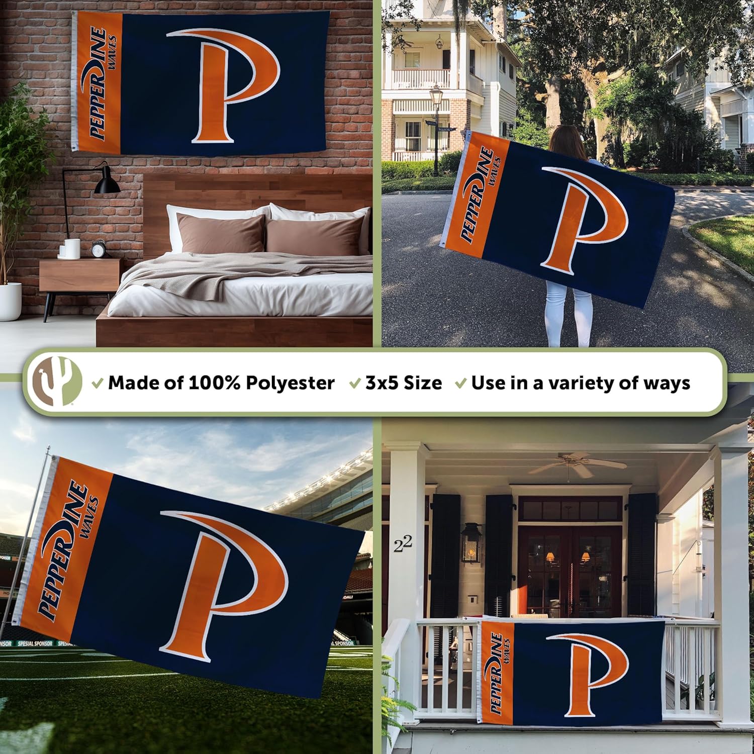 Desert Cactus Pepperdine University PU Flag - 3 x 5 Feet Waves Banner, Indoor/Outdoor Durable Fabric, 100% Polyester Design (Style A) - Image 3