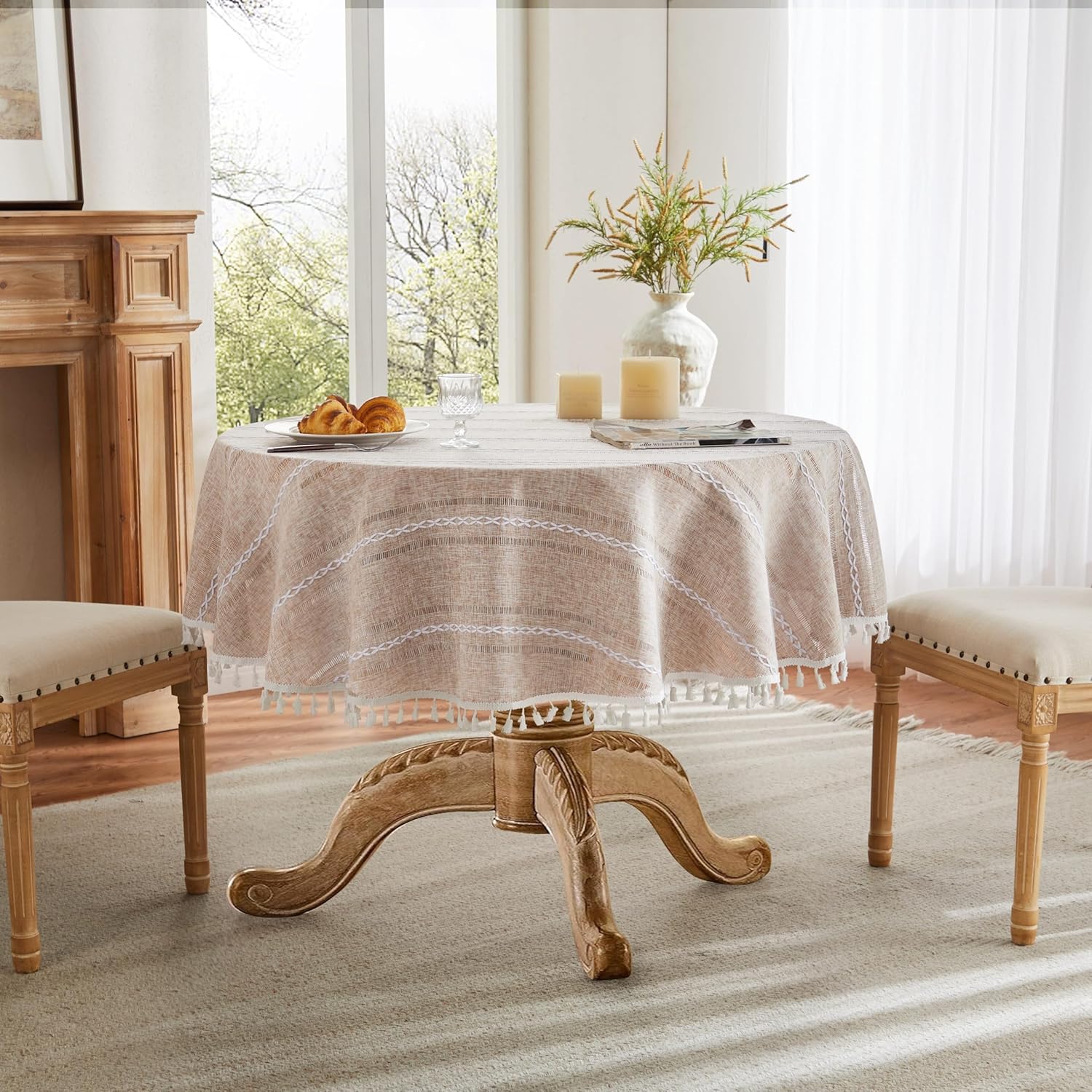 ZeeMart Hemstitched Embroidery Striped Boho Tablecloth 60 Inch Round Natural, Heavy Weight Farmhouse Burlap Linen Neutral Tablecloth, Wrinkle Resistant Washable Table Cloth for Round Table